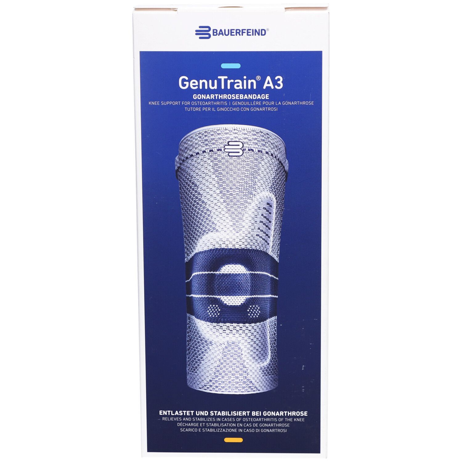 Vorderseite der Bauerfeind GenuTrain A3 Kniebandage Verpackung. Produktabbildung, Produktname, Logo.