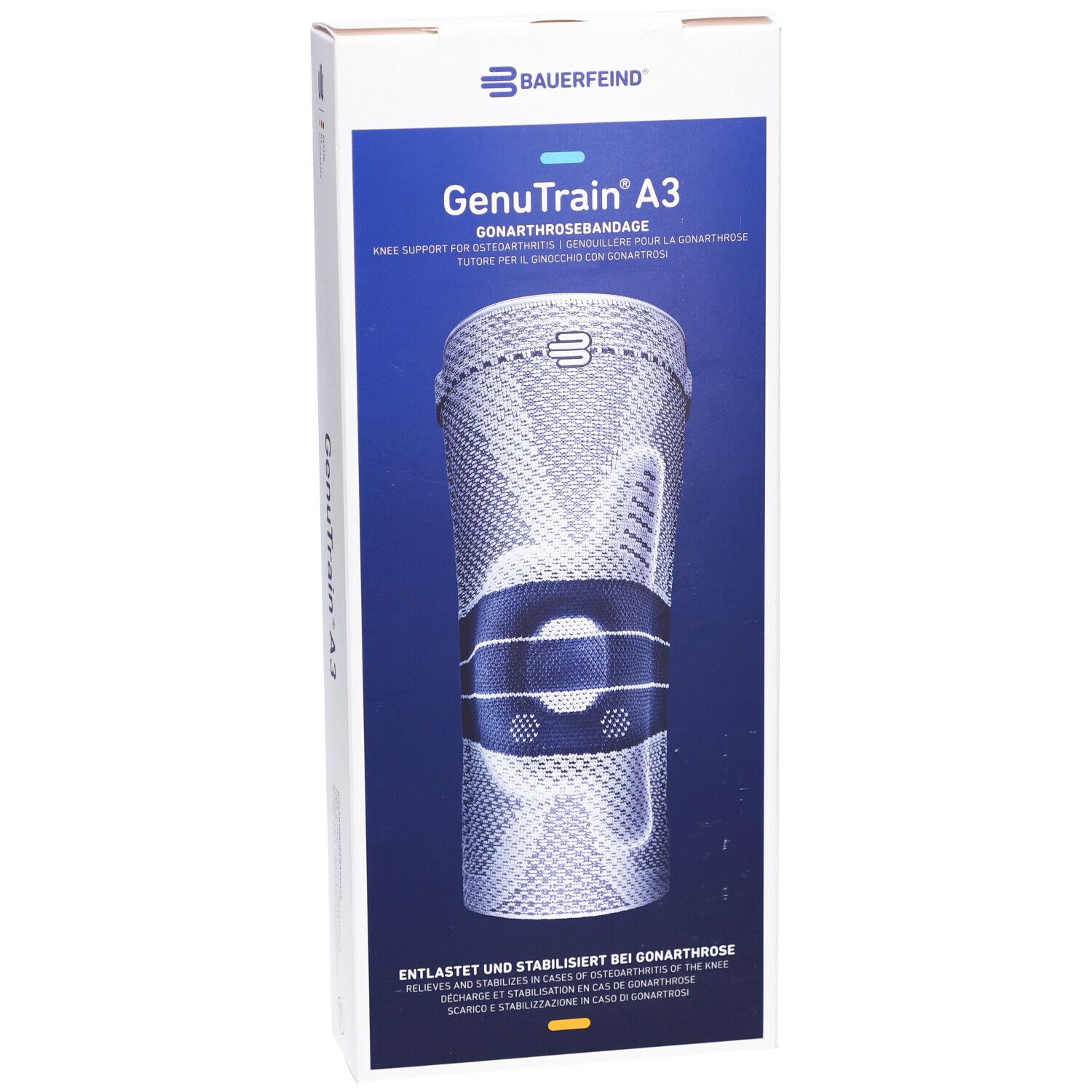 Vorderseite der Bauerfeind GenuTrain A3 Kniebandage Verpackung. Produktabbildung, Produktname, Logo.