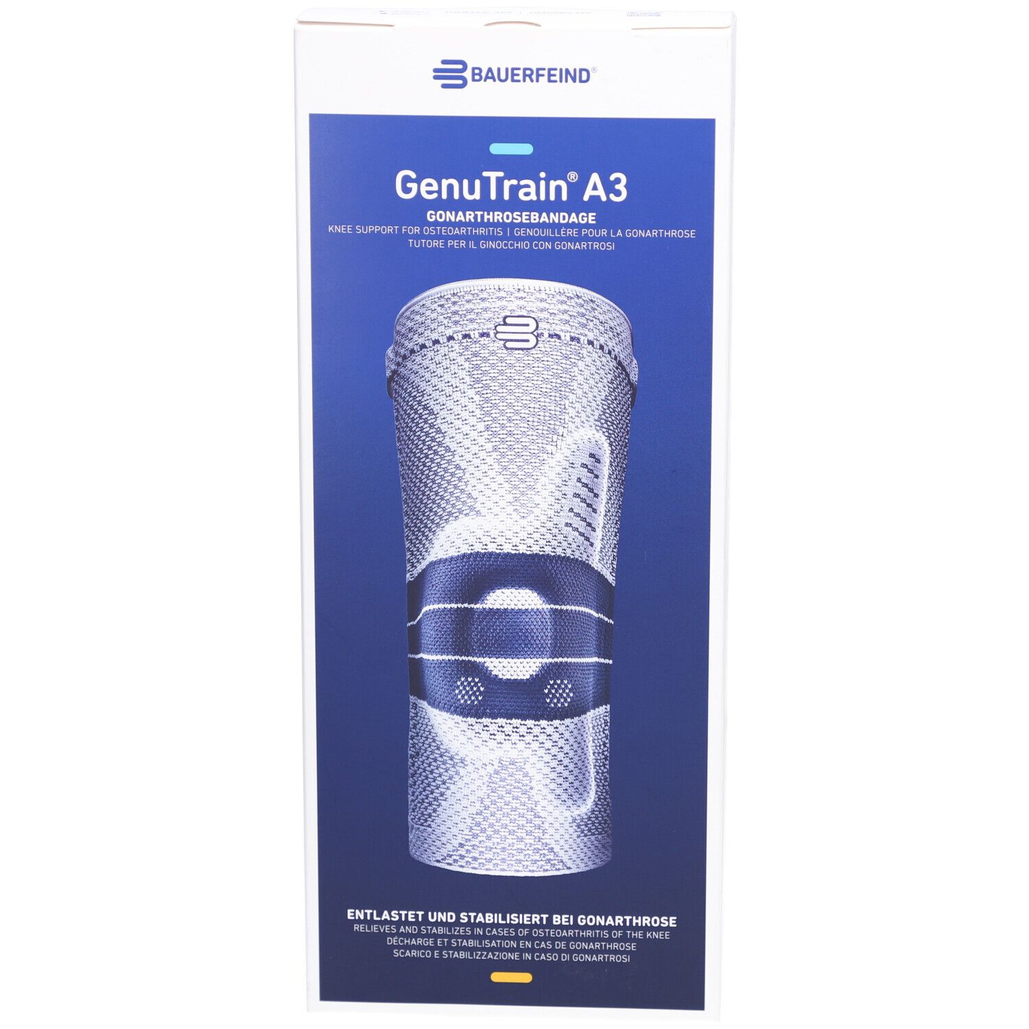 Kniebandage in Verpackung. Produktname und Marke sichtbar. Weiß-blaue Verpackung mit Produktabbildung.