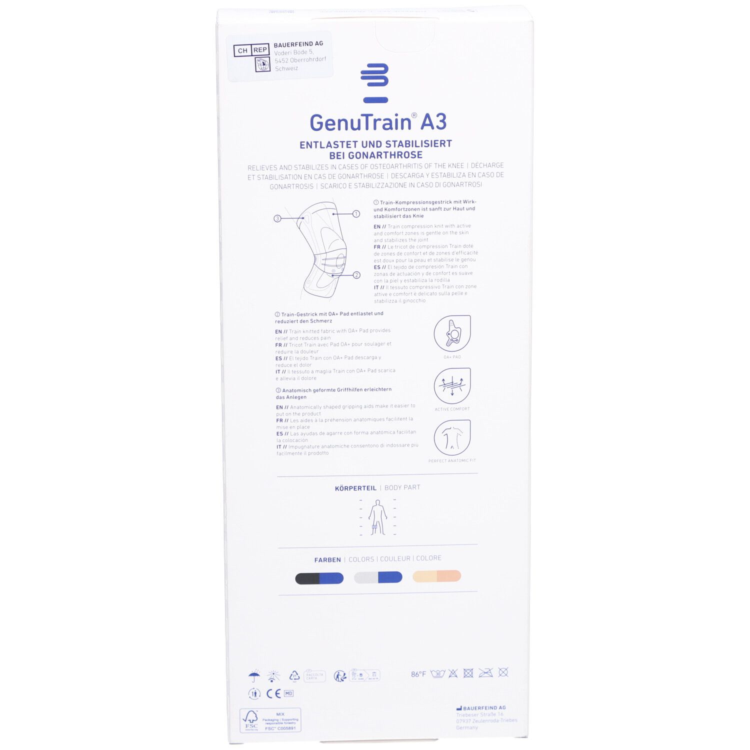 Rückseite der Verpackung. Produktinformationen und Marke sichtbar. Text in mehreren Sprachen.