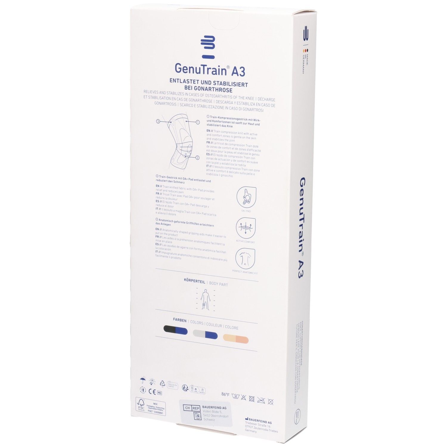 Bauerfeind GenuTrain A3 Kniebandage auf Kartonverpackung, Rückseite mit Anwendungshinweisen und Symbolen.