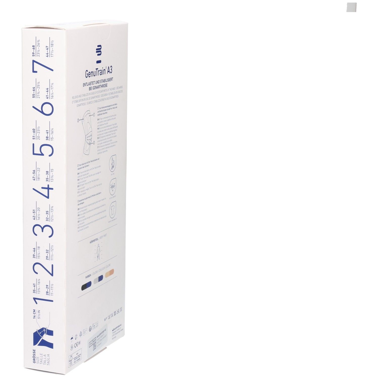 Bauerfeind GenuTrain A3 Kniebandage auf Kartonverpackung, Seitenansicht mit Größenskala.