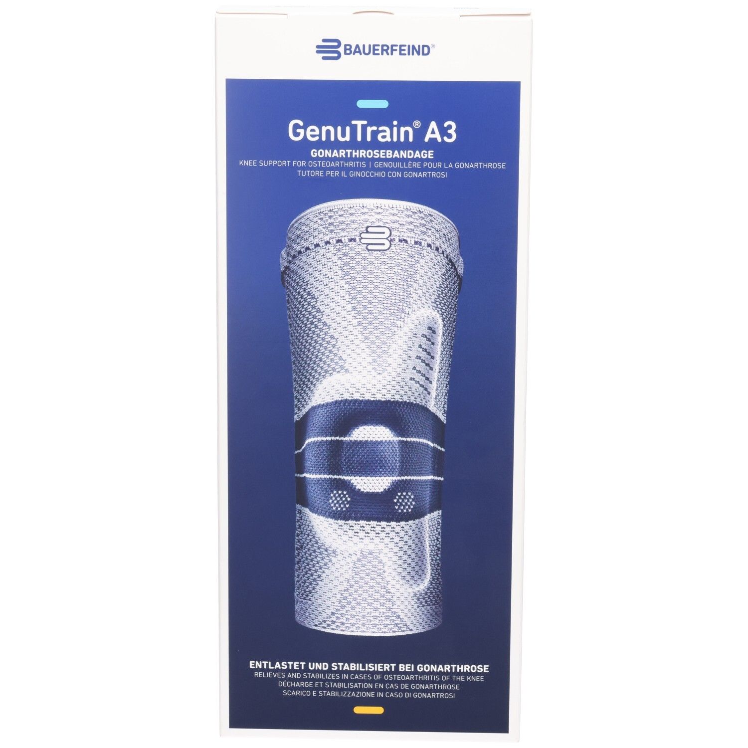 Bauerfeind GenuTrain A3 Kniebandage auf Kartonverpackung, Vorderseite mit Produktabbildung und Text.