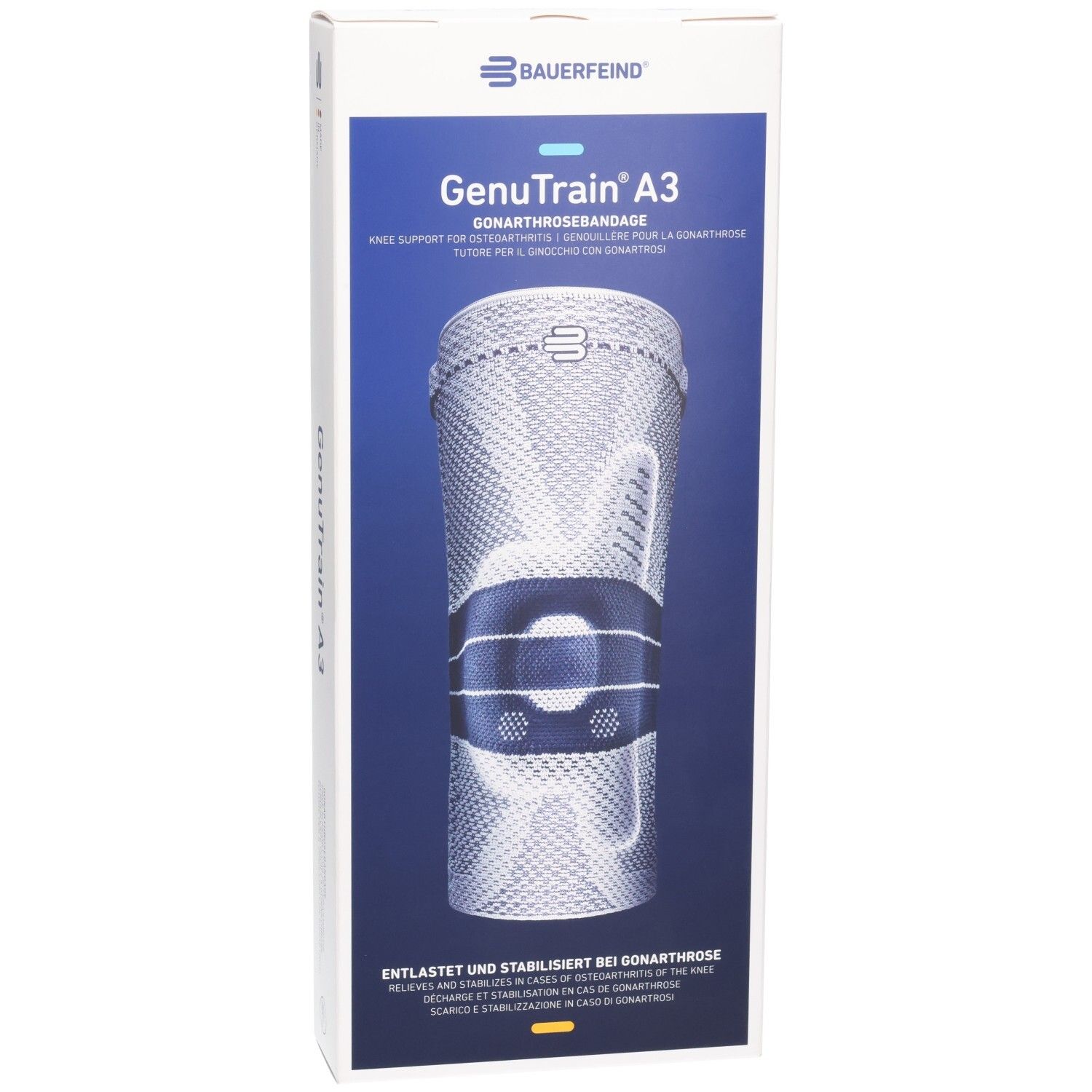 Bauerfeind GenuTrain A3 Kniebandage auf Kartonverpackung, Vorderseite mit Produktabbildung und Text.
