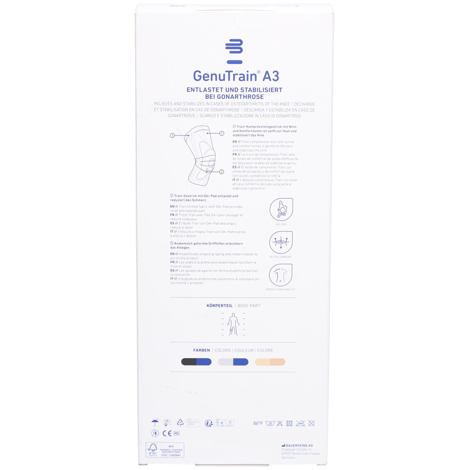 Rückseite der Verpackung. Marke Bauerfeind, Modell GenuTrain A3. Text und Illustrationen zur Anwendung. Farbcode-Leiste.