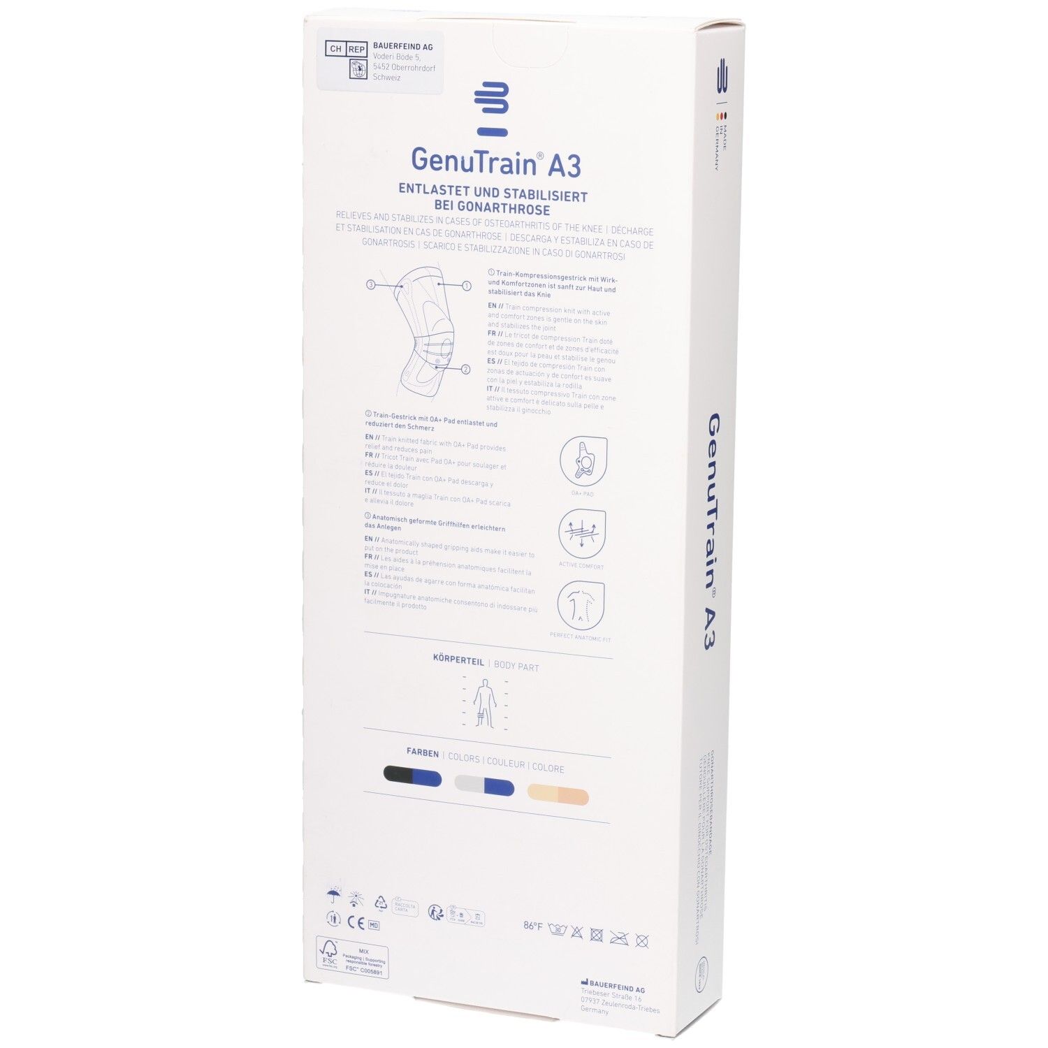 Rückseite der Bauerfeind GenuTrain A3 Kniebandage-Verpackung mit Anwendungshinweisen und Symbolen.