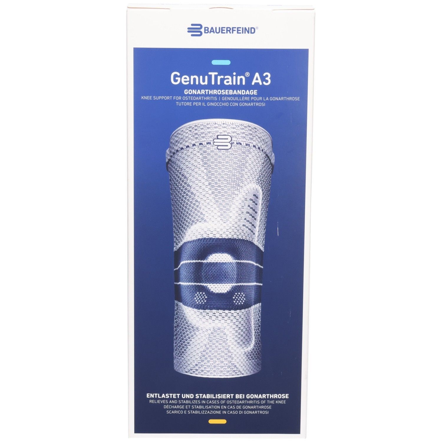 Bauerfeind GenuTrain A3 Kniebandage-Verpackung mit detaillierter Produktabbildung.