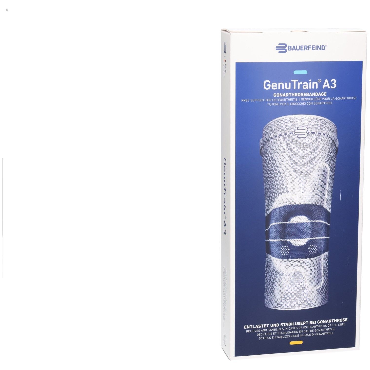 Vorderseite der Bauerfeind GenuTrain A3 Kniebandage-Verpackung mit Produktabbildung.