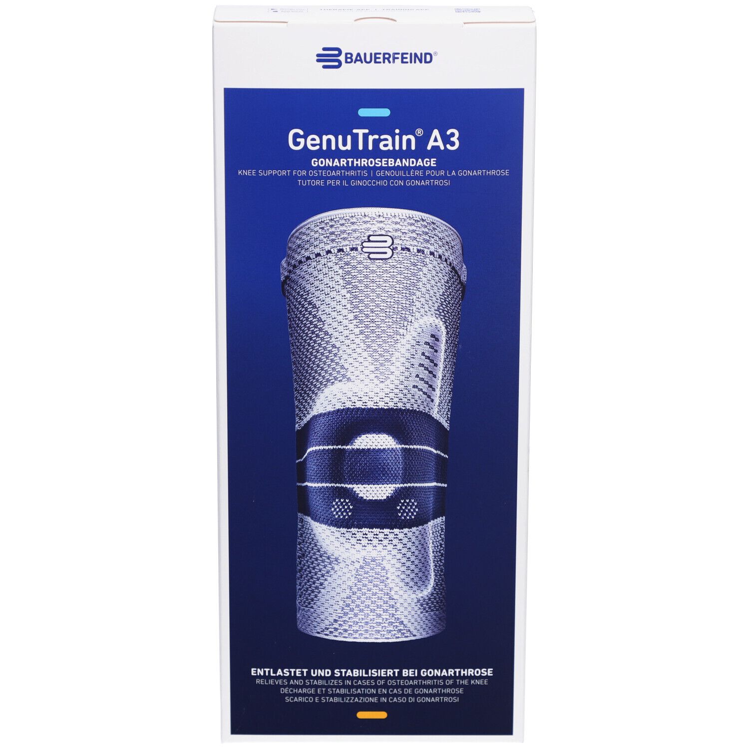 Kniebandage GenuTrain A3 in Verpackung. Weißer Karton mit Produktabbildung und Schriftzug.