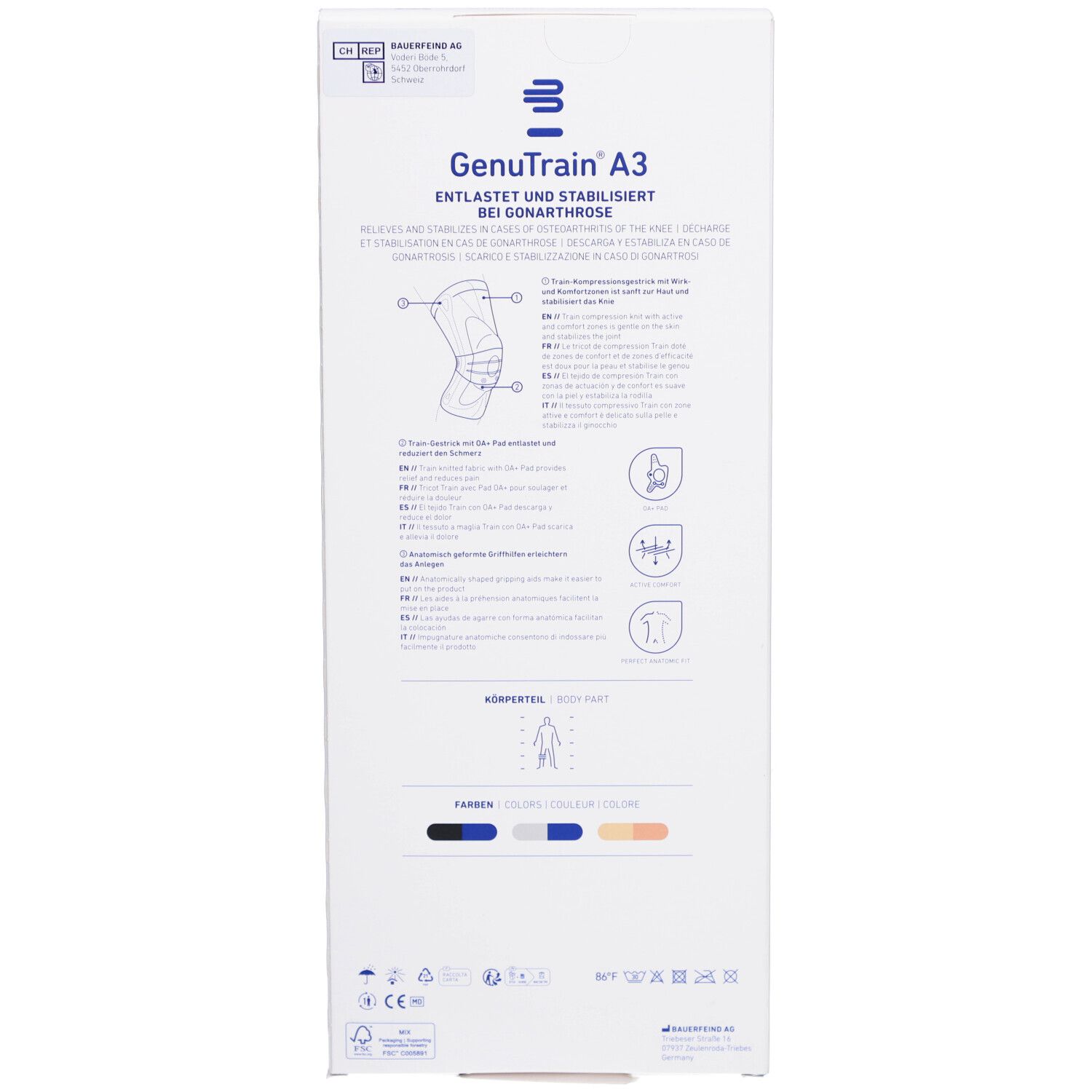 Rückseite der Verpackung der Kniebandage GenuTrain A3. Text und schematische Darstellungen.