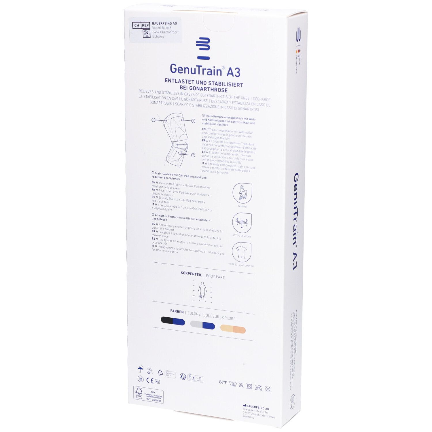 Rückseite der Verpackung der Kniebandage GenuTrain A3. Produktinformationen, Piktogramme und Größenangaben.