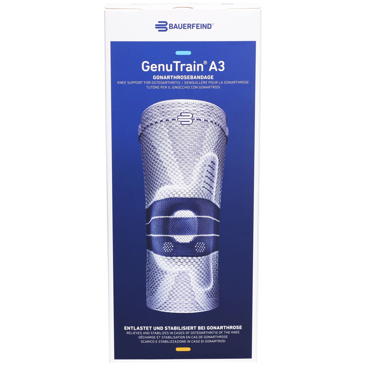 Vorderansicht der Verpackung der Kniebandage GenuTrain A3. Produktabbildung und Schriftzug. Blauer Hintergrund.