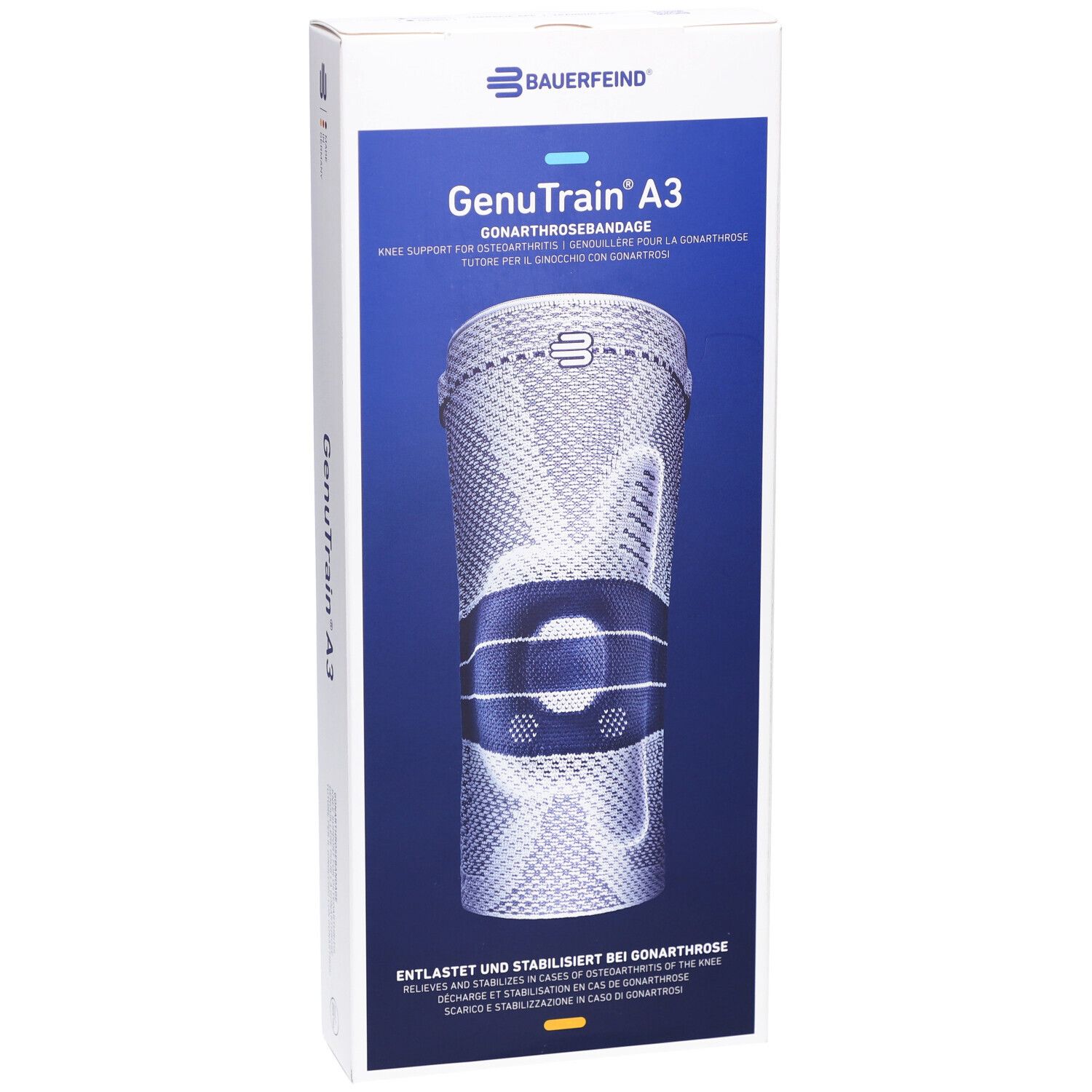 Vorderansicht der Verpackung der Kniebandage GenuTrain A3. Produktabbildung und Schriftzug. Blauer Hintergrund.