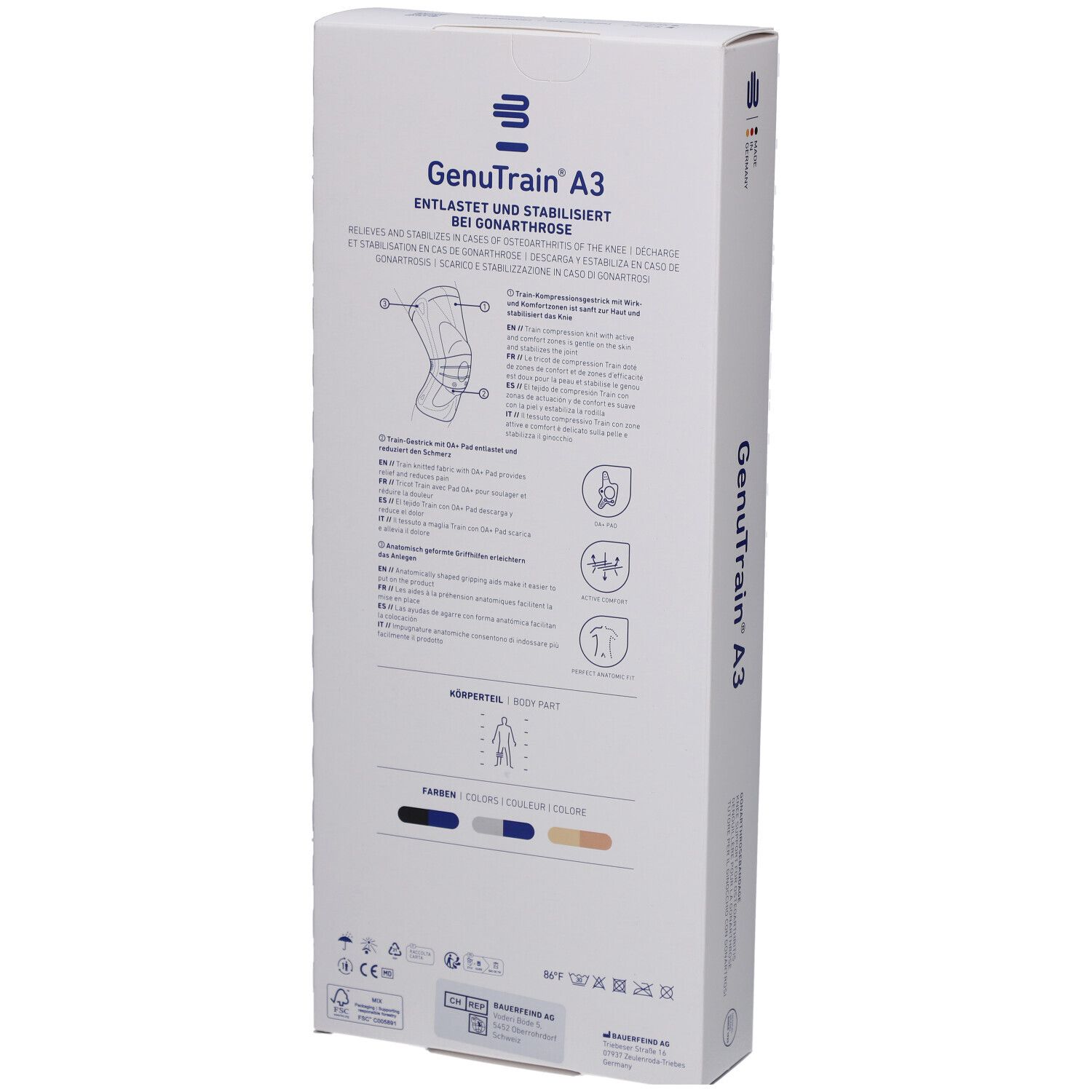 Rückseite der Verpackung der Kniebandage GenuTrain A3. Produktinformationen, Piktogramme und Größenangaben.