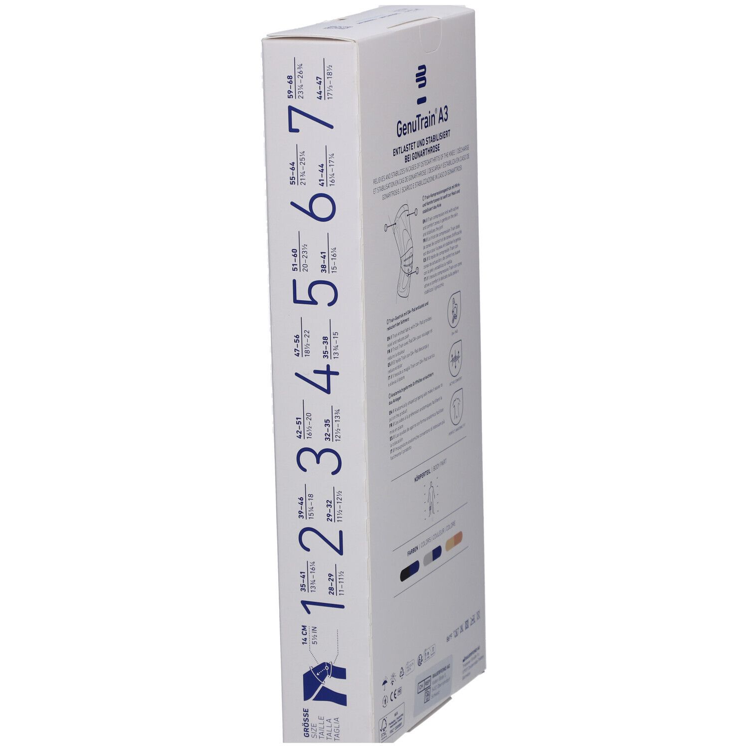 Seitenansicht der Verpackung der Kniebandage GenuTrain A3. Größenangaben und Produktabbildung.