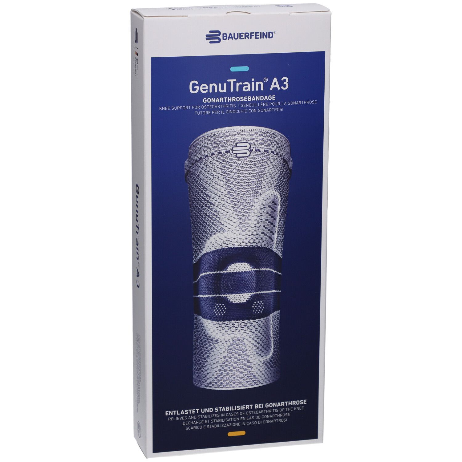 Vorderansicht der Verpackung der Kniebandage GenuTrain A3. Produktabbildung und Schriftzug. Größenangabe auf der Seite.