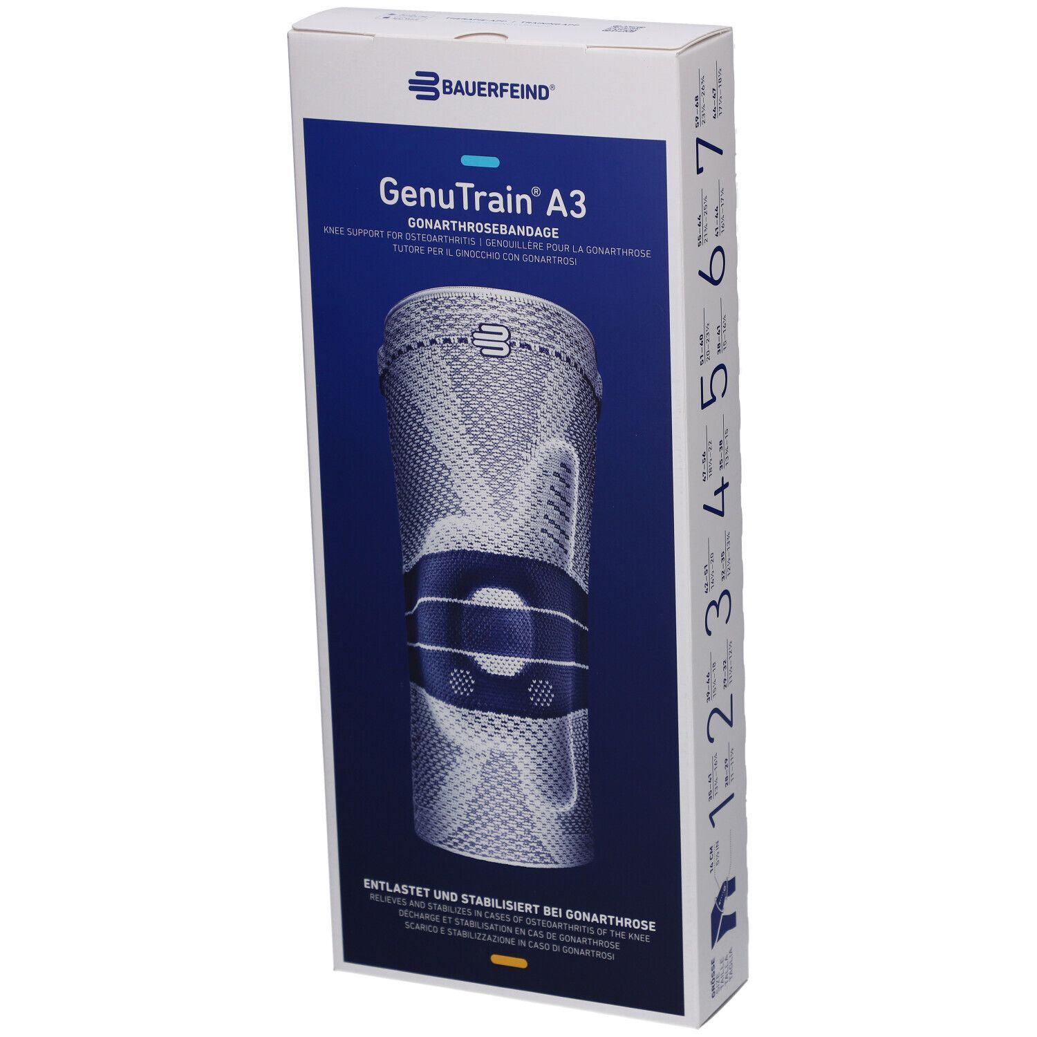 Verpackung der Kniebandage GenuTrain A3. Vorderseite mit Produktabbildung und Markennamen. Größe 6, Titan, Links.