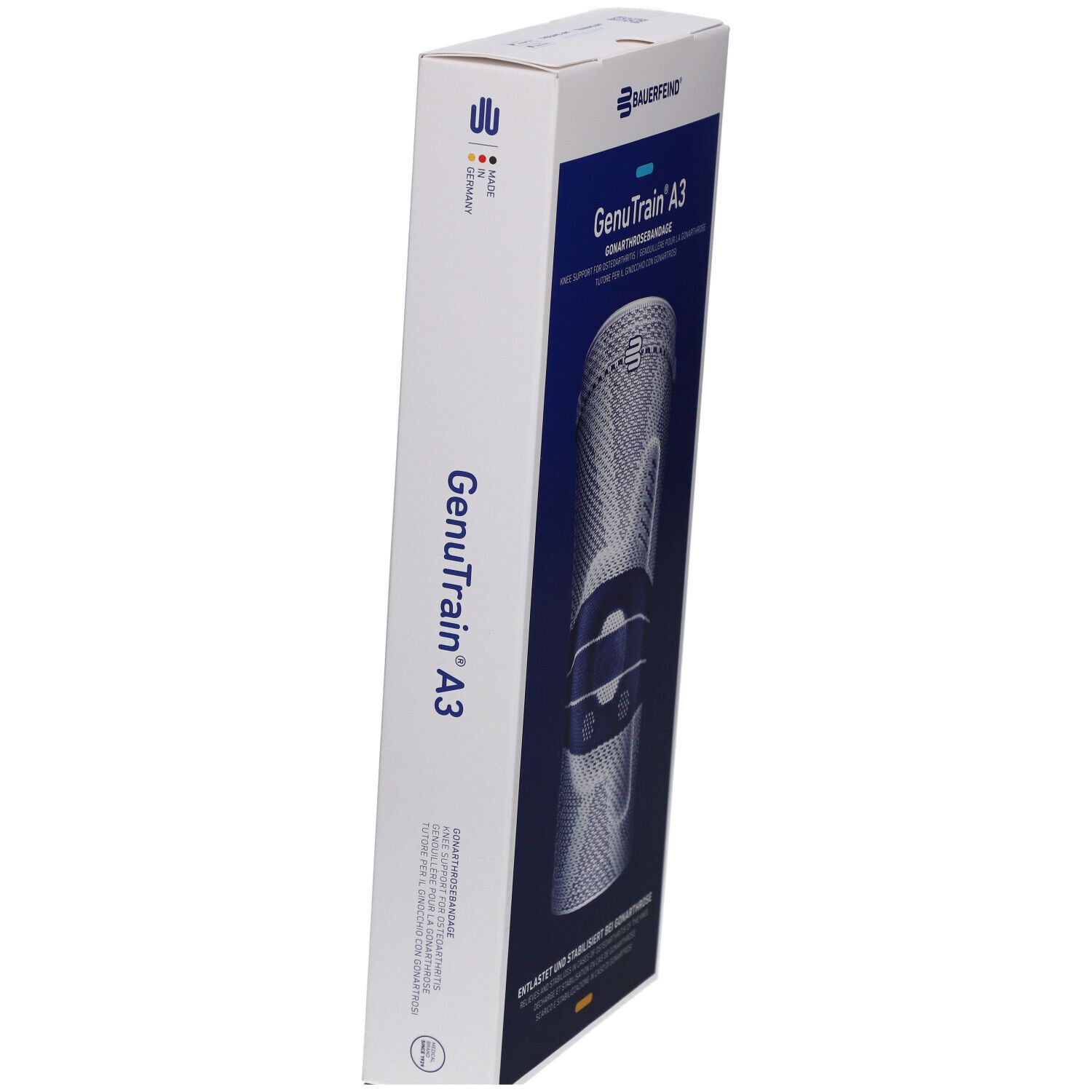 Seitenansicht der Verpackung der Kniebandage GenuTrain A3. Markennamen und Produktbezeichnung. Größe 6, Titan, Links.