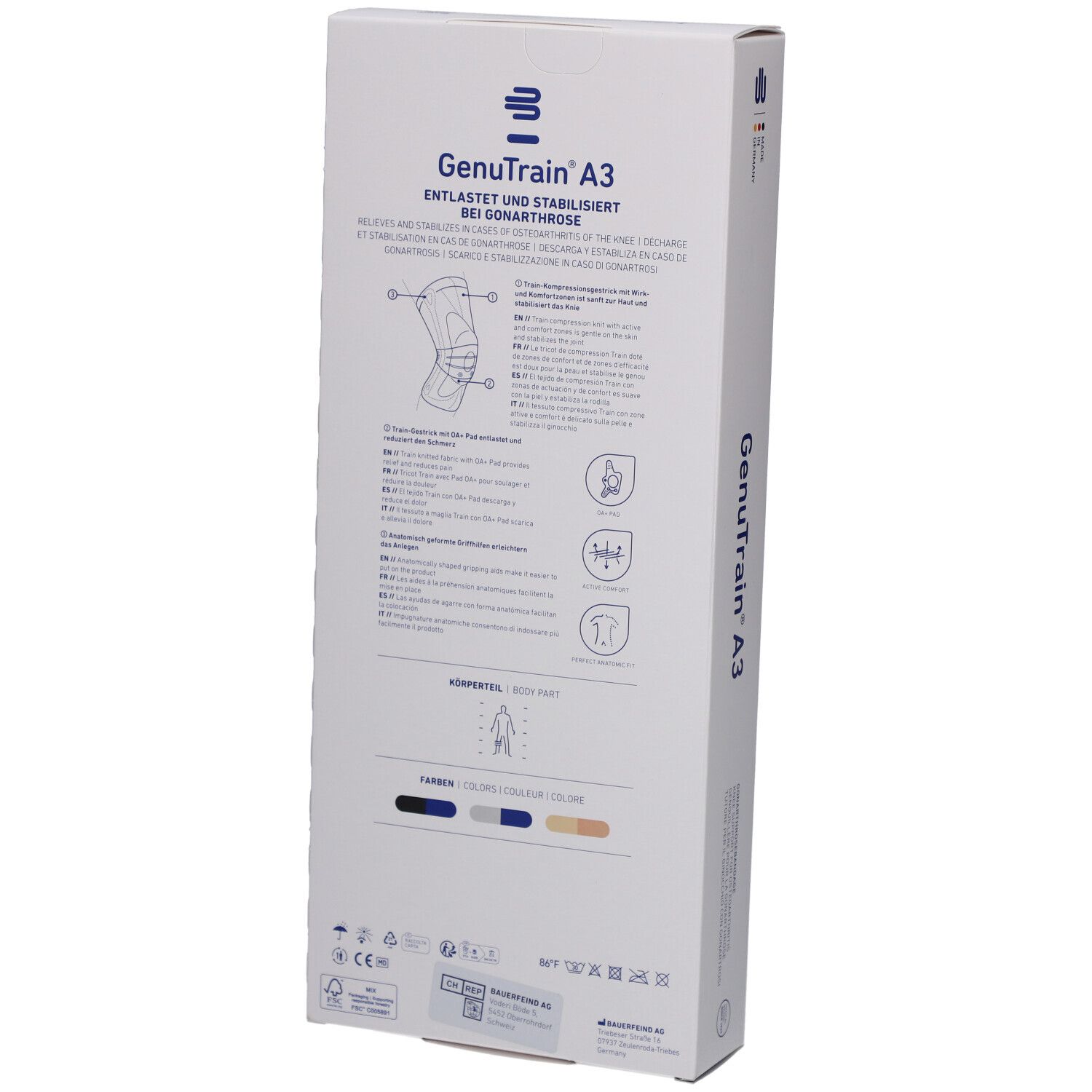 Rückseite der Verpackung der Kniebandage GenuTrain A3. Produktinformationen und Piktogramme. Größe 6, Titan, Links.