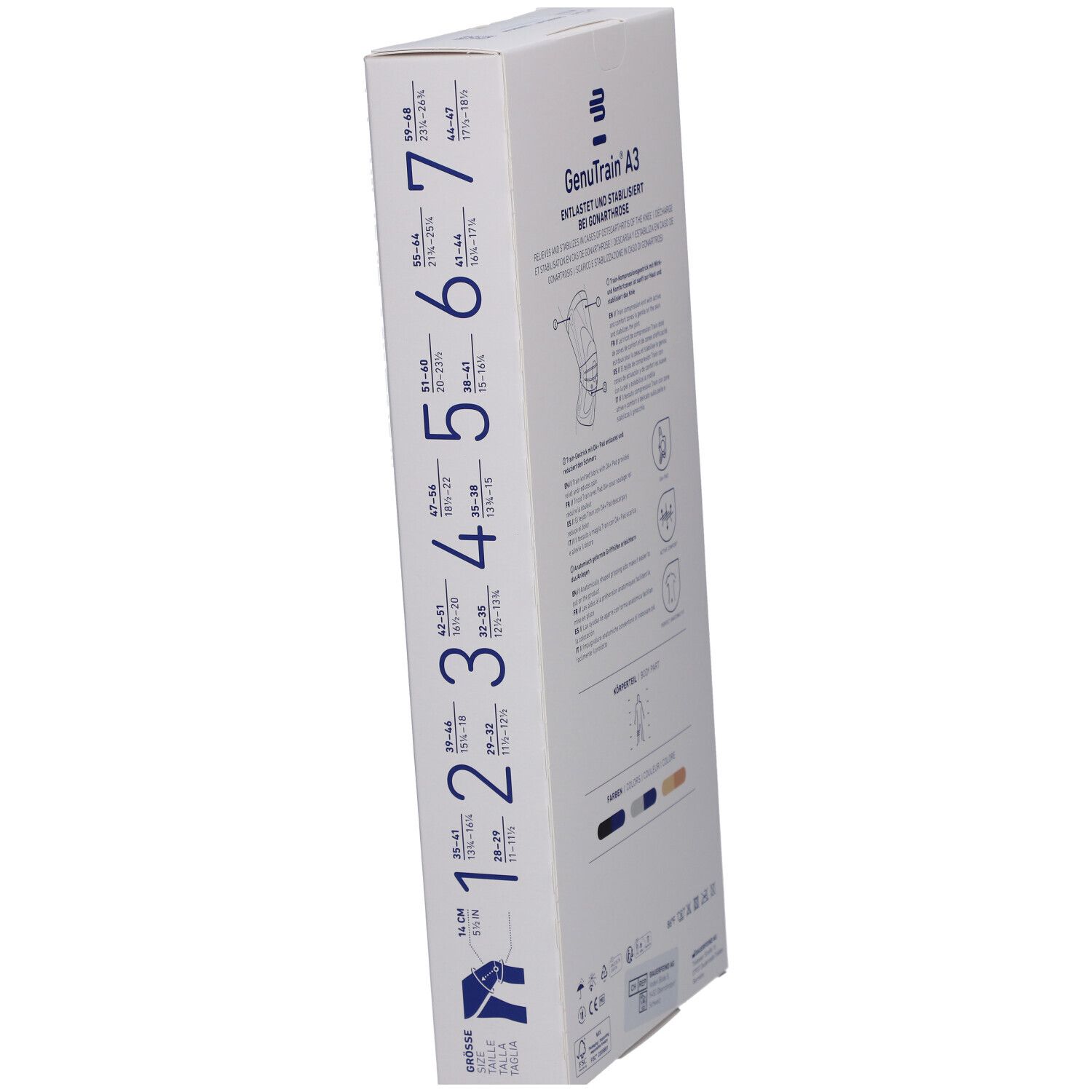 Seitenansicht der Verpackung der Kniebandage GenuTrain A3. Größenangaben und Produktinformationen. Größe 6, Titan, Links.