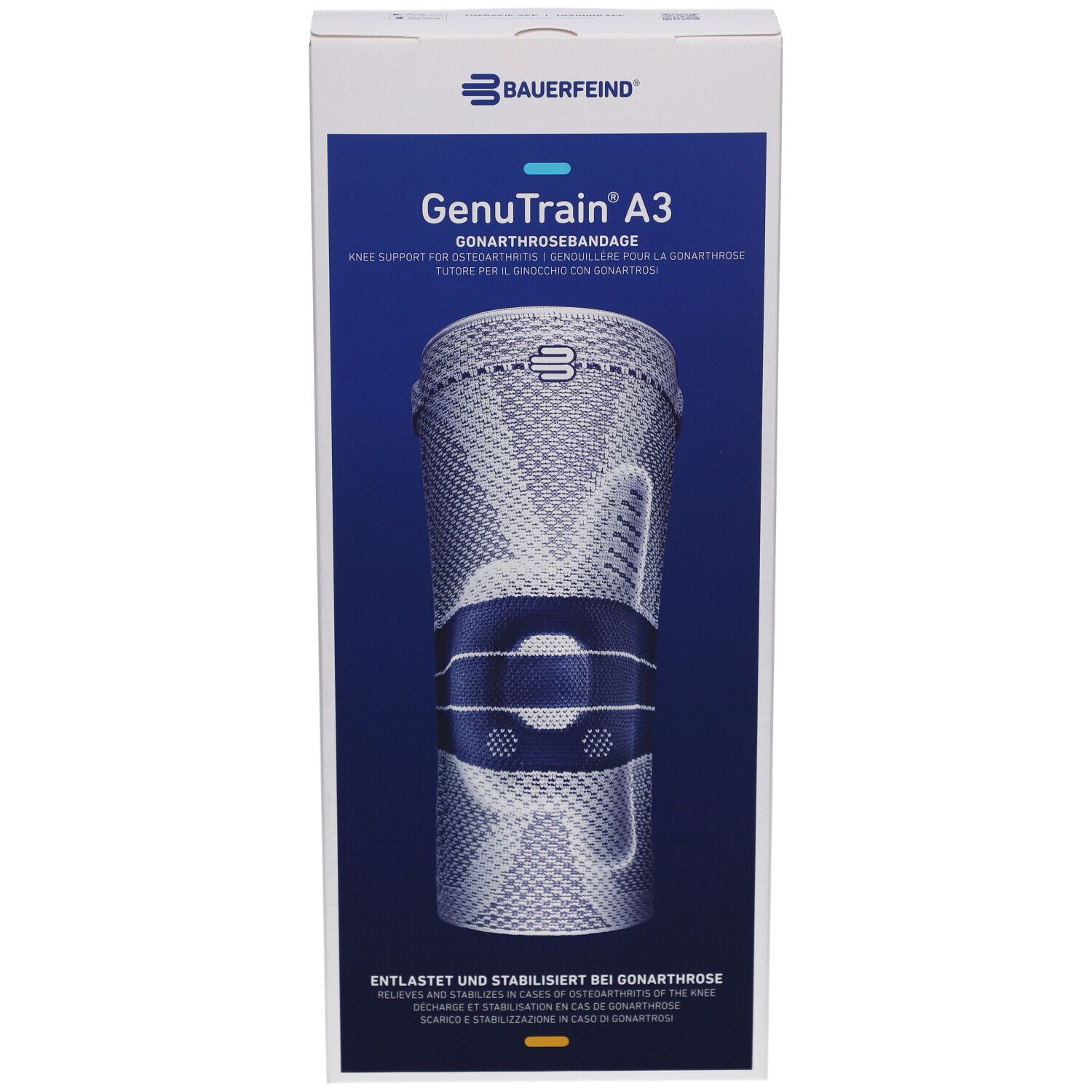 Vorderansicht der Verpackung der Kniebandage GenuTrain A3. Produktabbildung und Markennamen. Größe 6, Titan, Links.