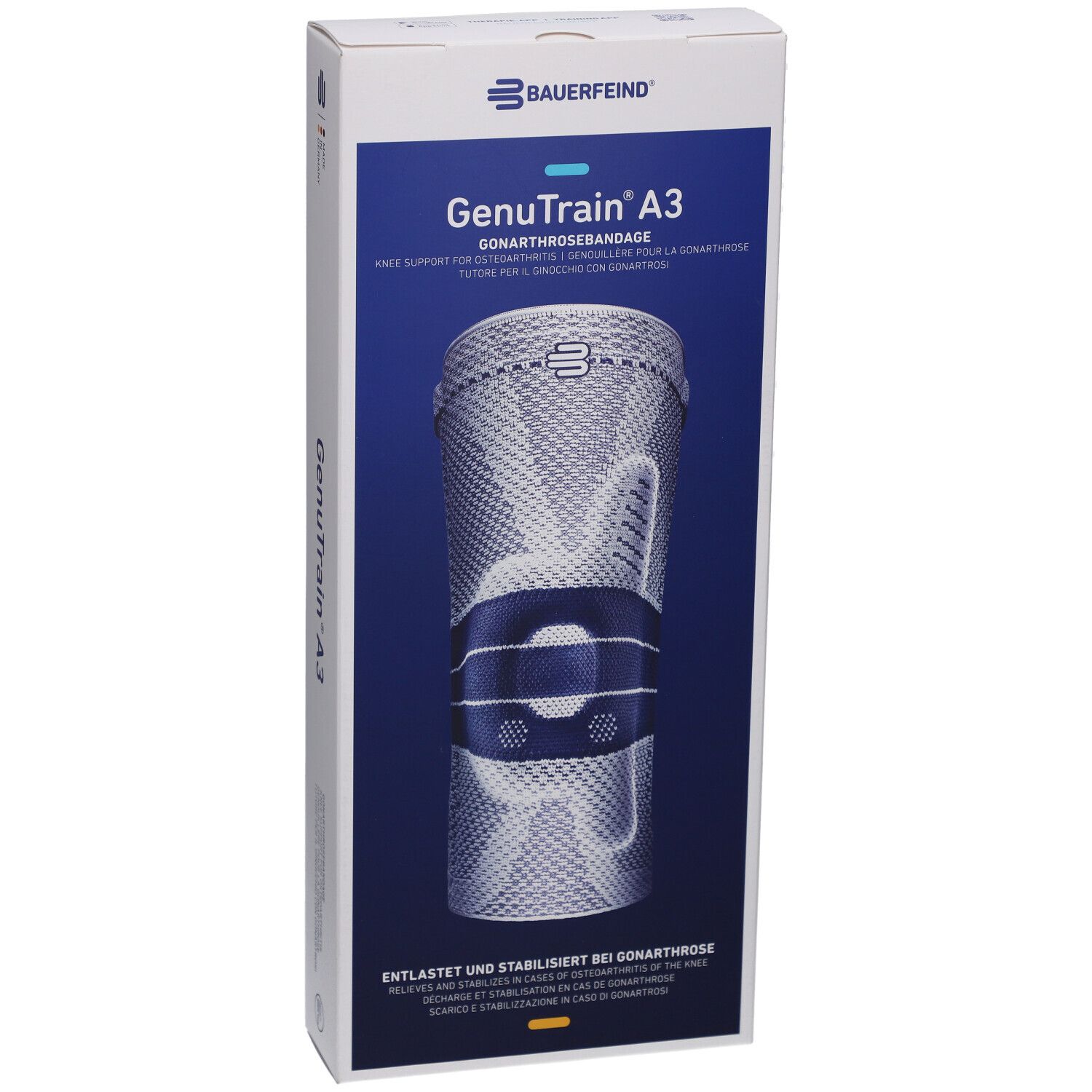 Vorderansicht der Verpackung der Kniebandage GenuTrain A3. Produktabbildung und Markennamen. Größe 6, Titan, Links.