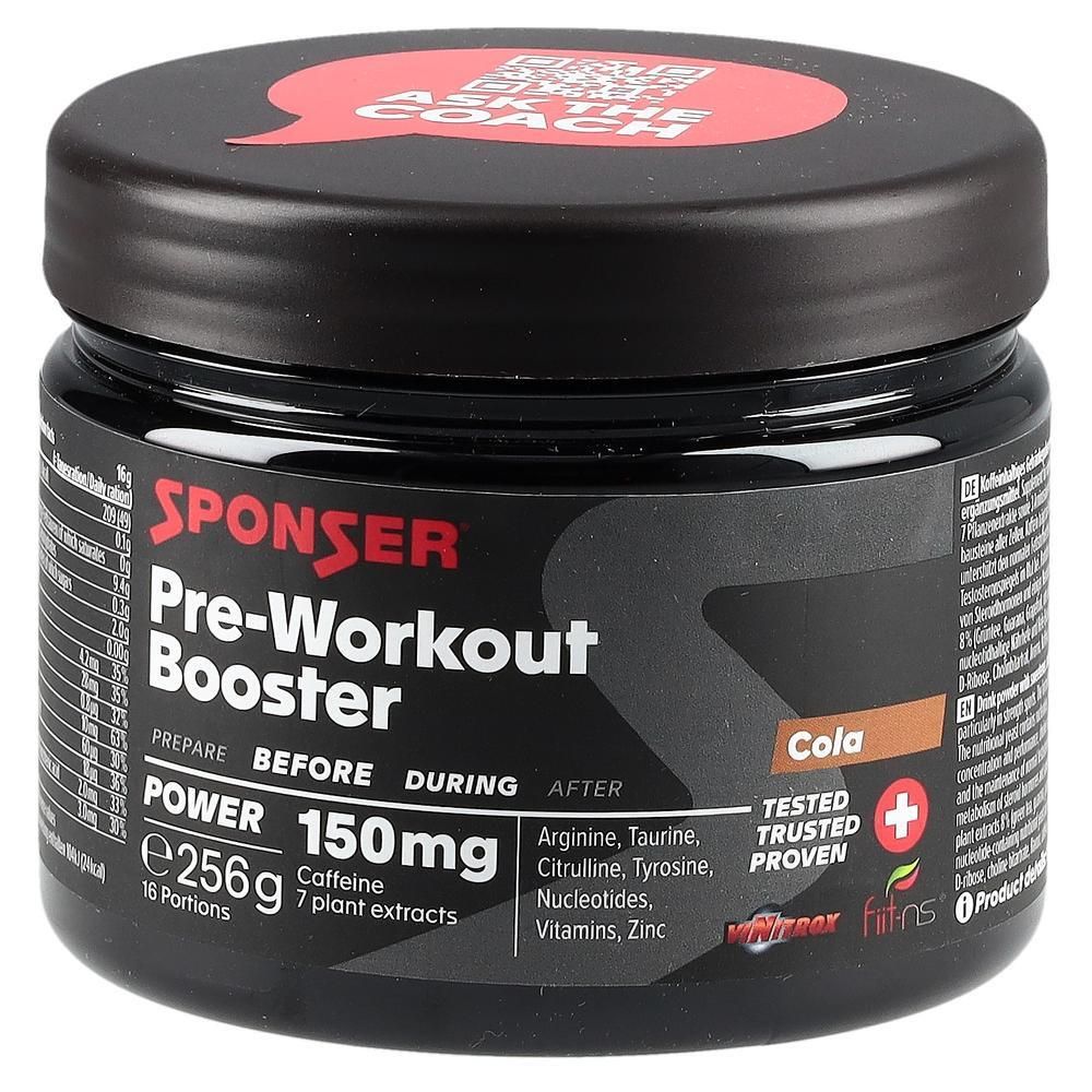 SPONSER Pre-Workout Booster Cola, boîte de 256g avec caféine et extraits de plantes.