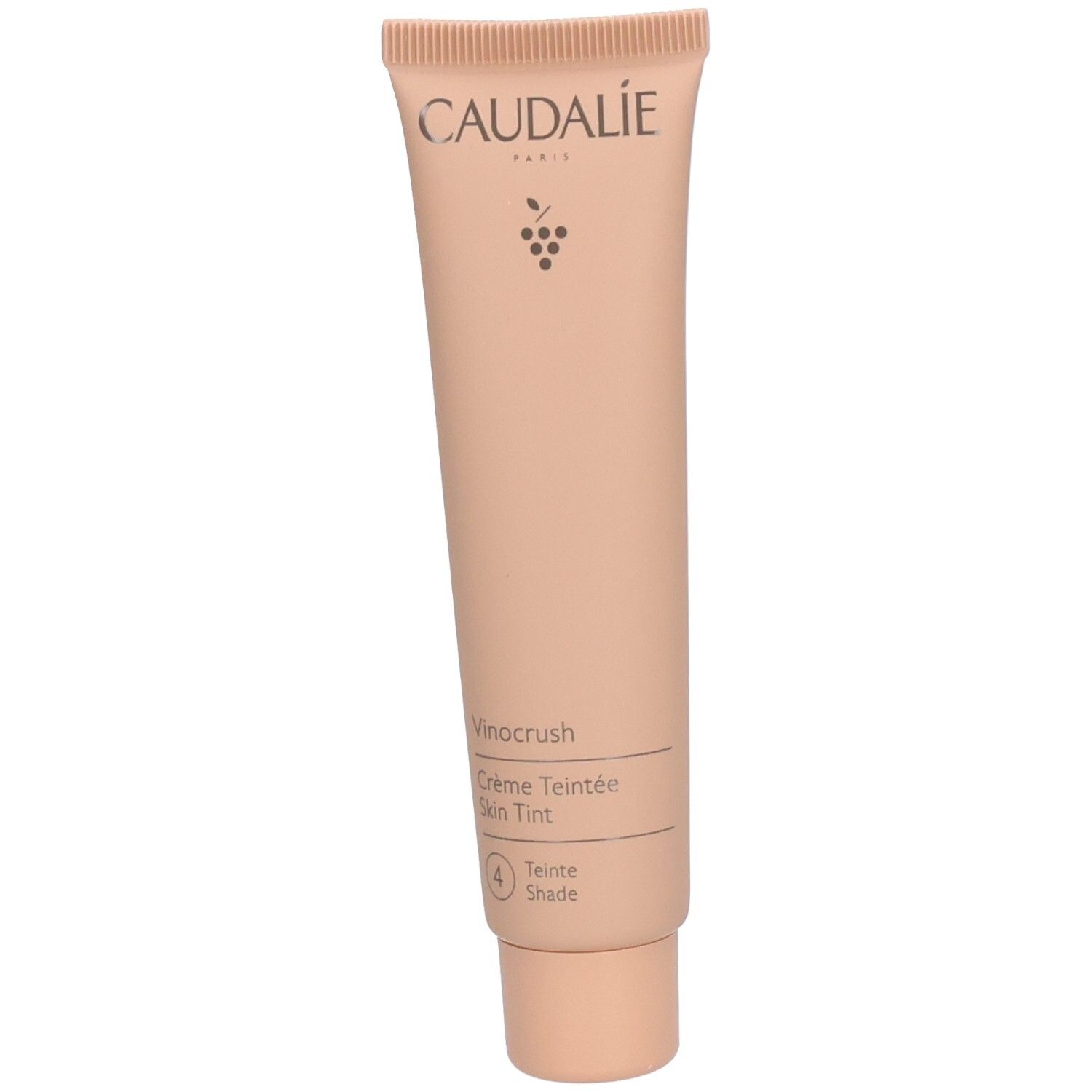 Beigefarbene Tube mit Caudalie, Vinocrush, Crème Teintée, Farbton 4. Mit Schraubverschluss.