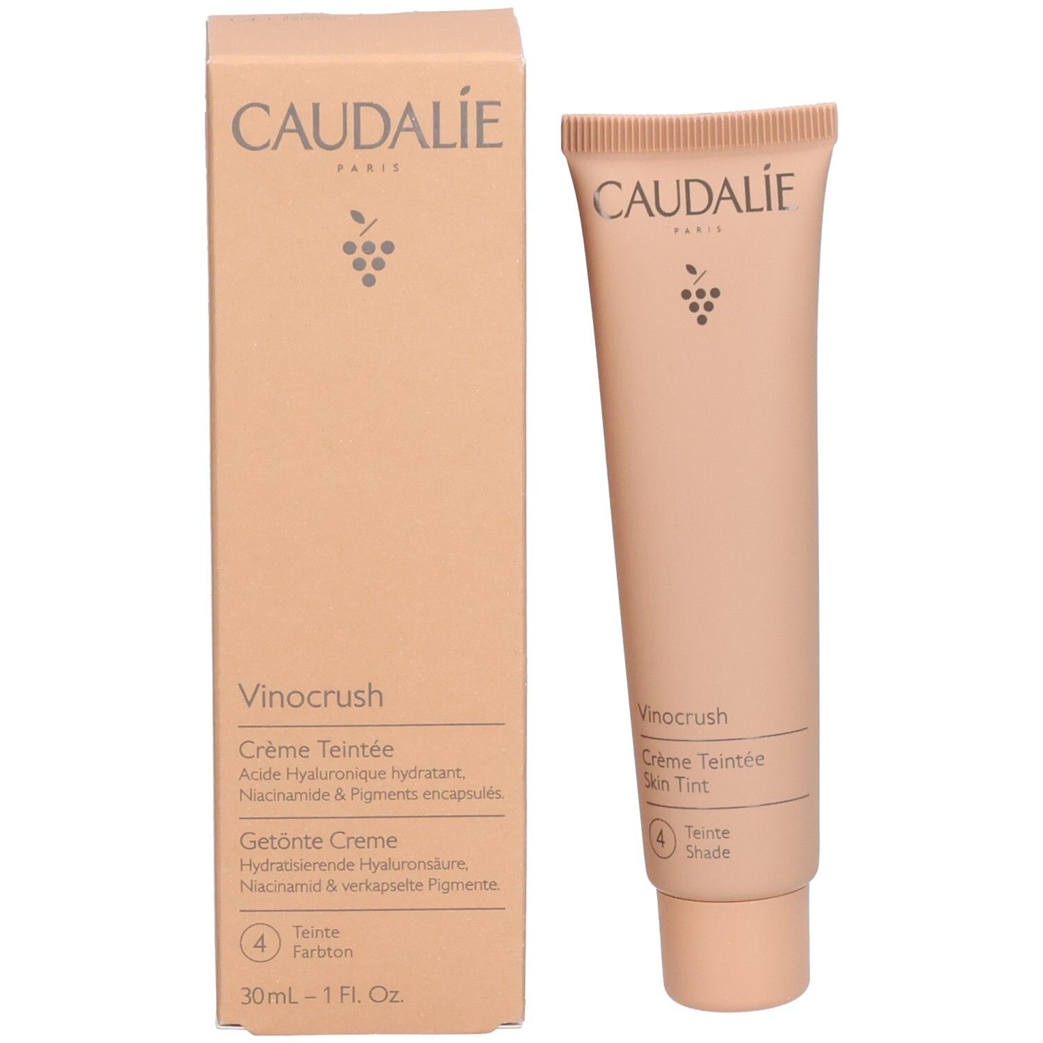 Produktverpackung und Tube. Caudalie, Vinocrush, Crème Teintée, Farbton 4. 30ml-1 Fl. Oz.