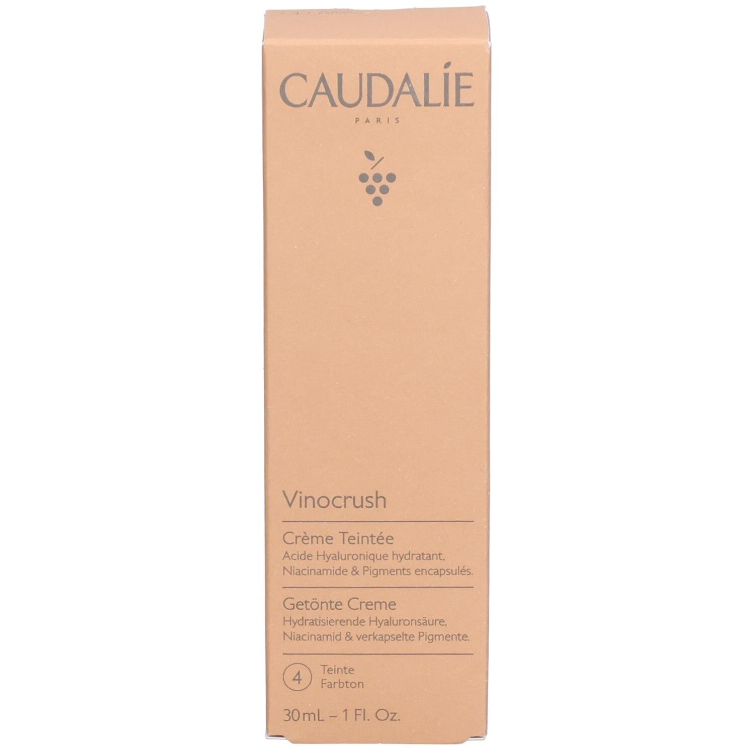 Produktverpackung. Caudalie, Vinocrush, Crème Teintée, Farbton 4. 30ml-1 Fl. Oz.