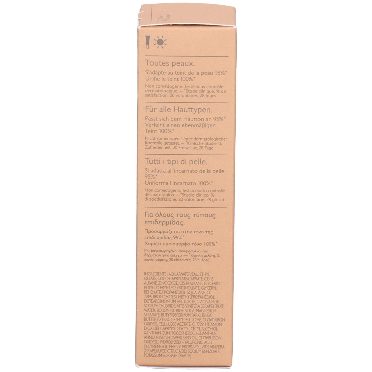 Produktverpackung. Text in mehreren Sprachen: Hauttypen, Inhaltsstoffe, Volumen.