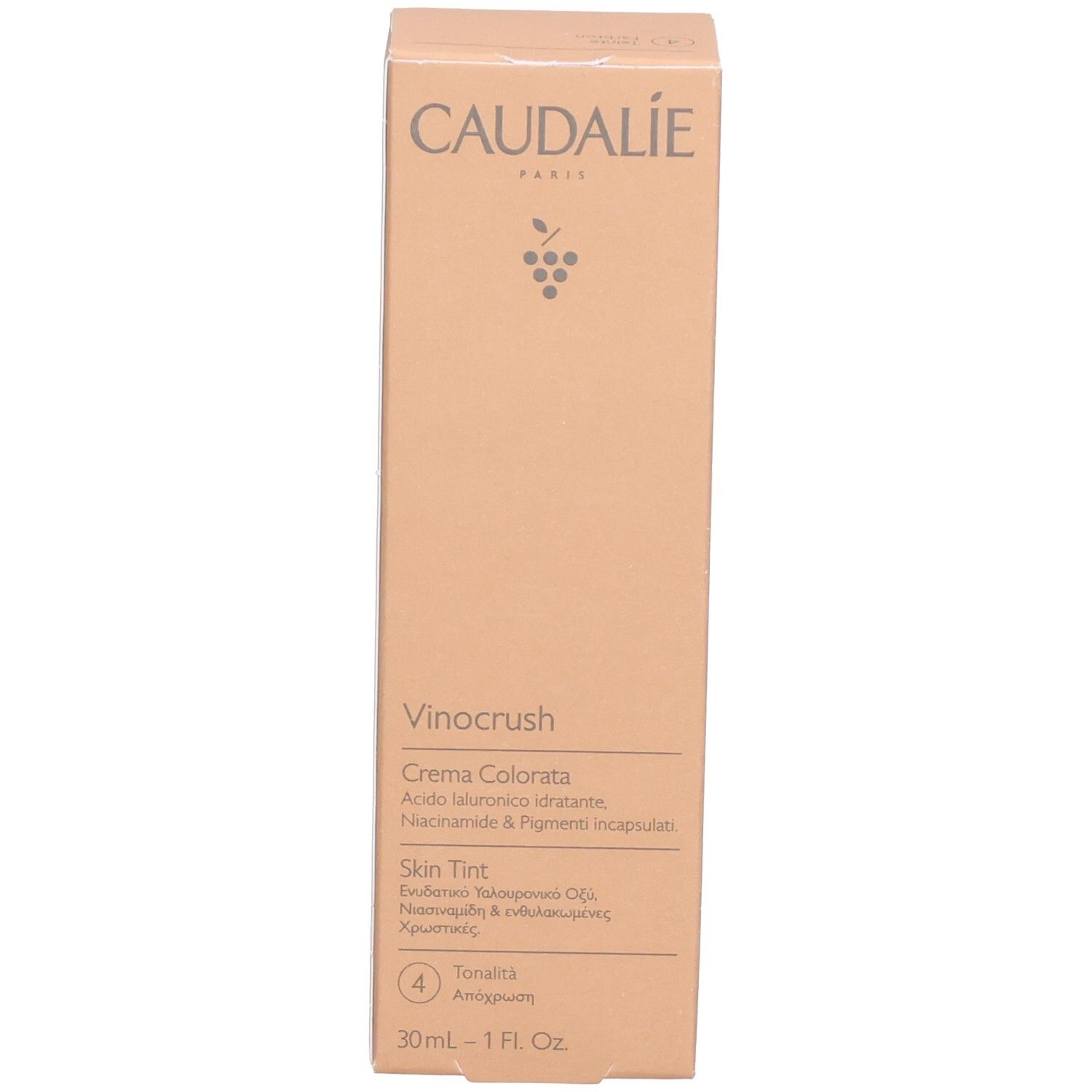 Produktverpackung. Caudalie, Vinocrush, Crema Colorata, Farbton 4. 30ml-1 Fl. Oz.