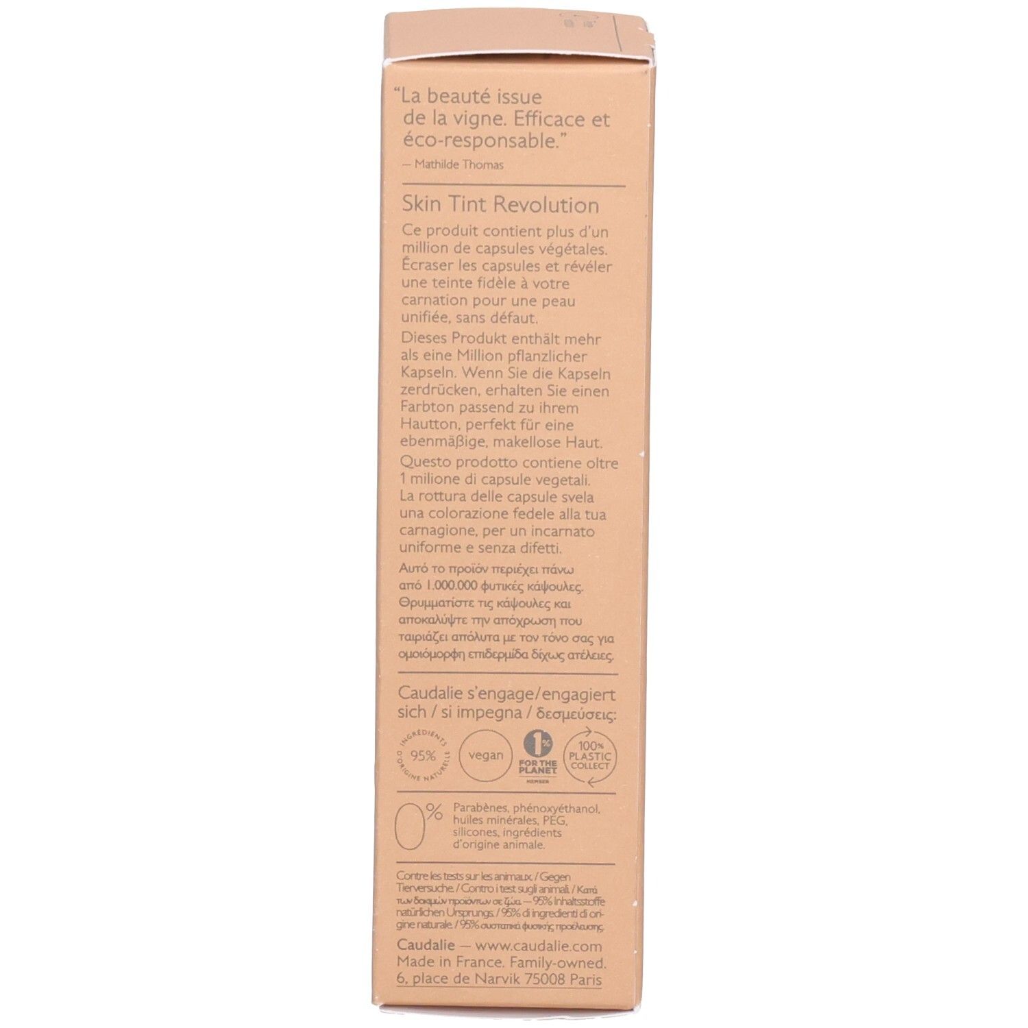 Produktverpackung. Text in mehreren Sprachen: Beschreibung, Inhaltsstoffe, Nachhaltigkeit.