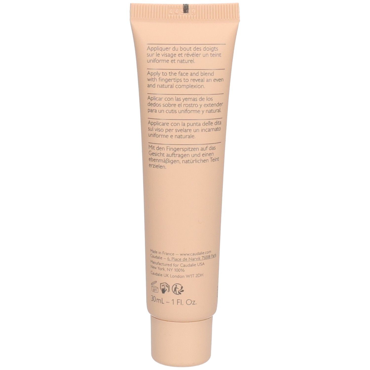 Produktverpackung und Tube. Caudalie, Vinocrush, Farbton 3.