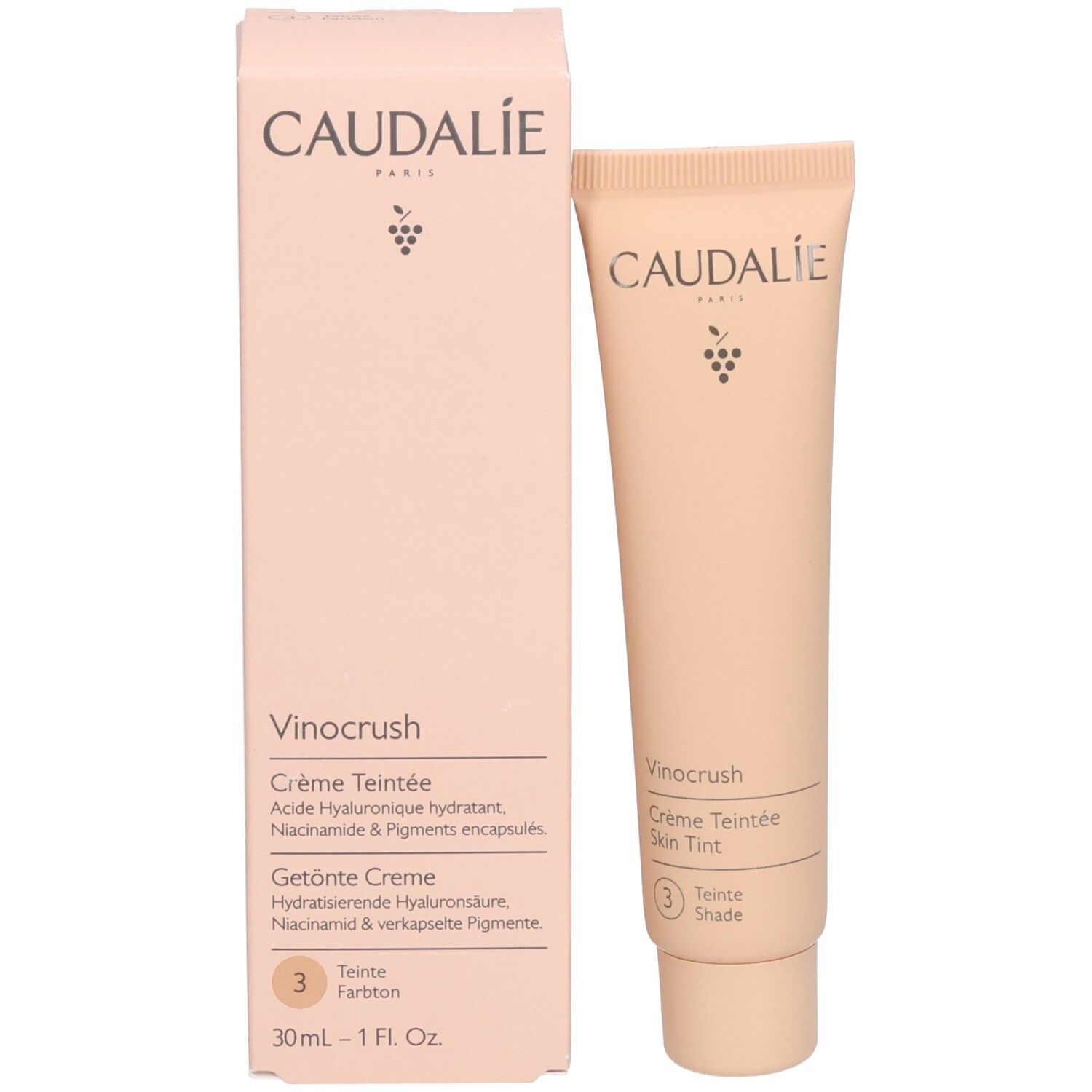 Produktverpackung. Caudalie, Vinocrush, Farbton 3, 30ml.