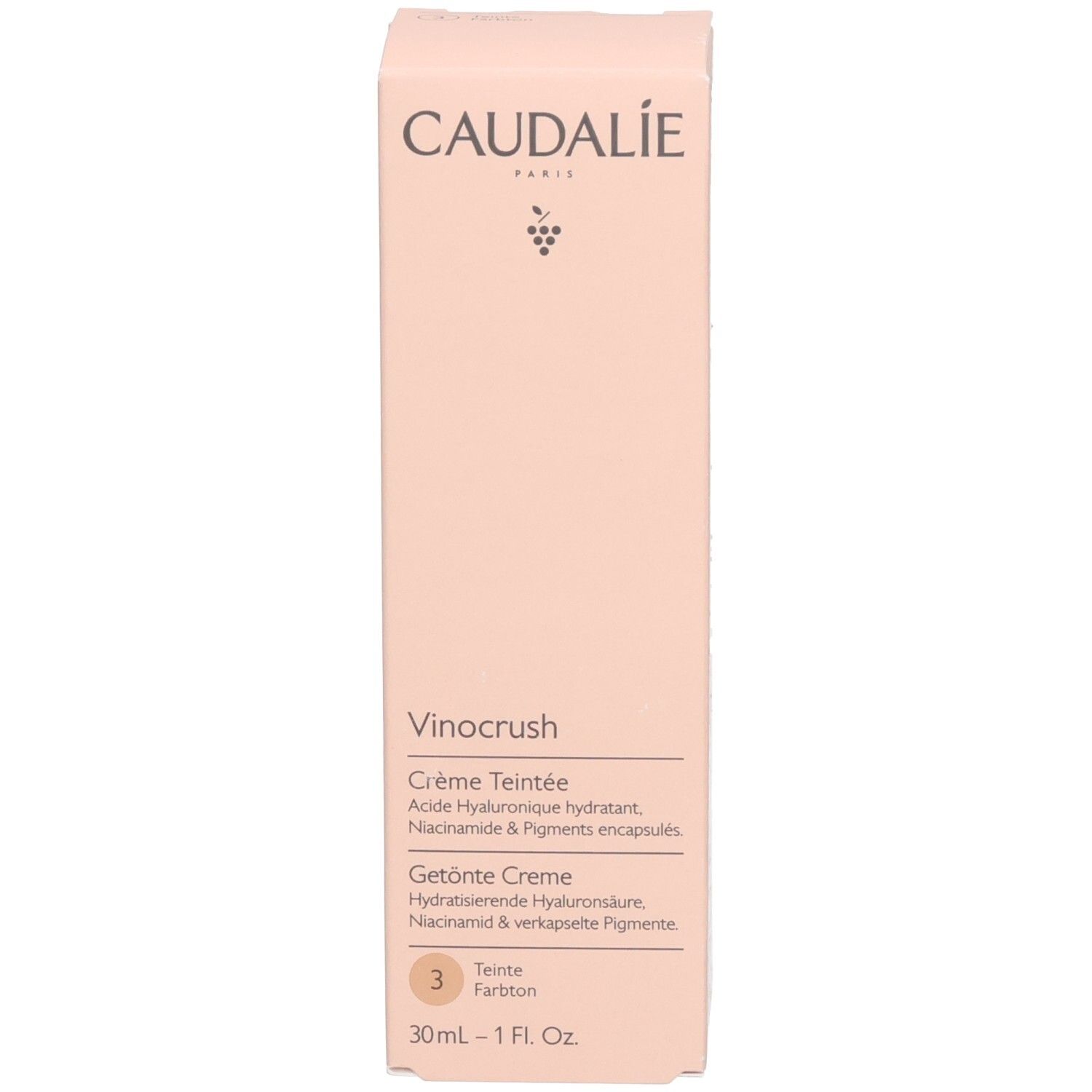 Produktverpackung. Caudalie, Vinocrush, Farbton 3, Text.