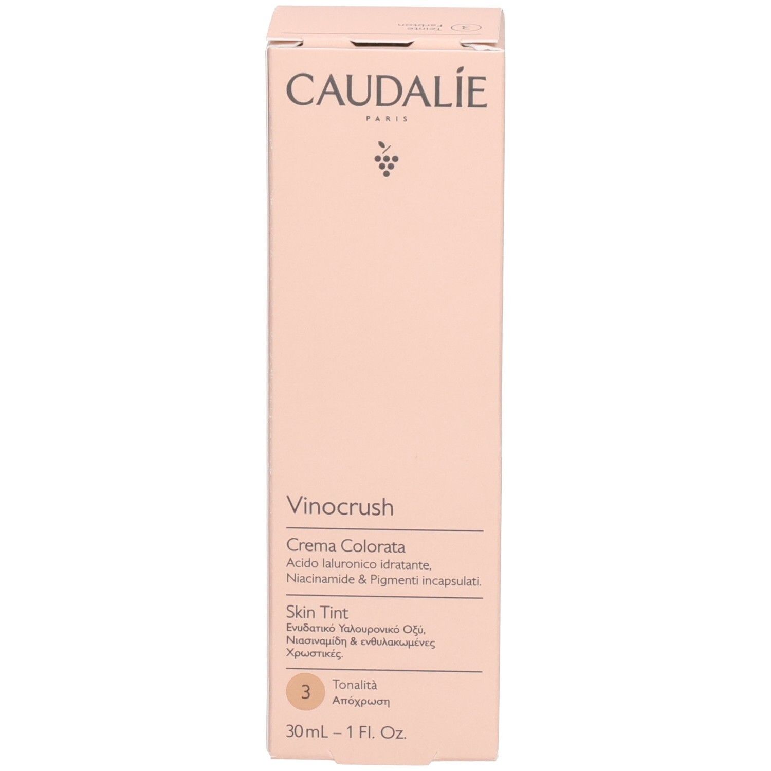 Produktverpackung. Caudalie, Vinocrush, Farbton 3, Text.