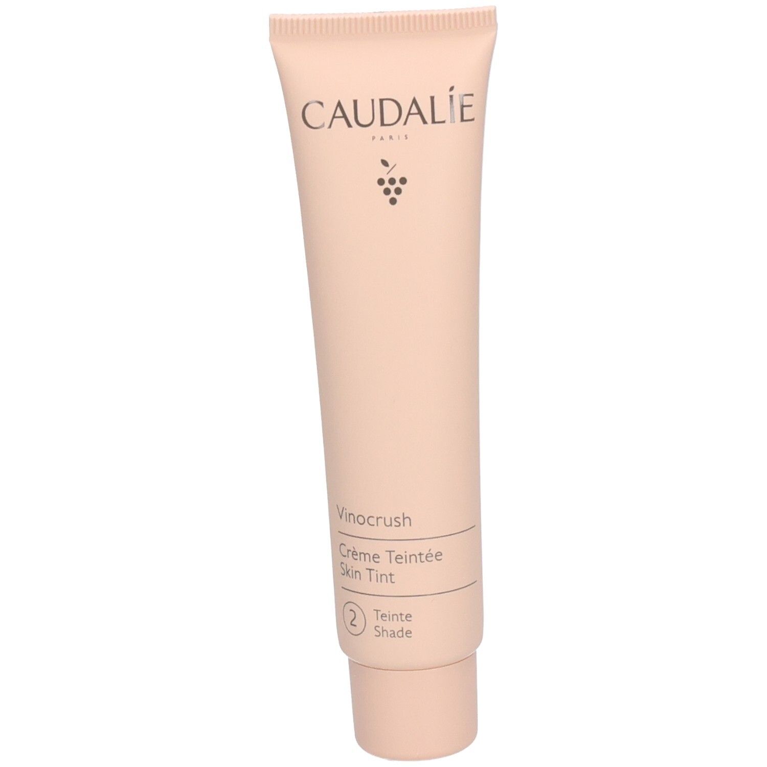 Rückseite der Caudalíe Vinocrush CC Cream Tube. Text in mehreren Sprachen. Beige Hintergrund.