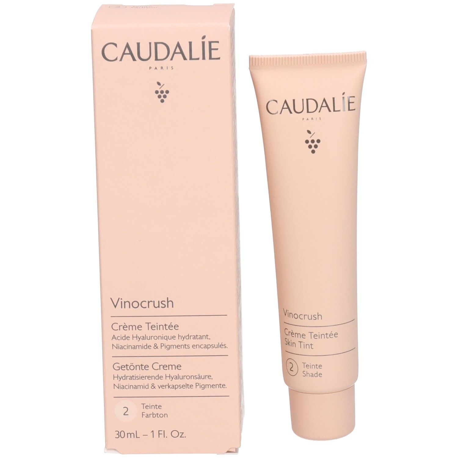 Caudalíe Vinocrush CC Cream, Farbton 2, mit Verpackung. Verpackung und Tube.