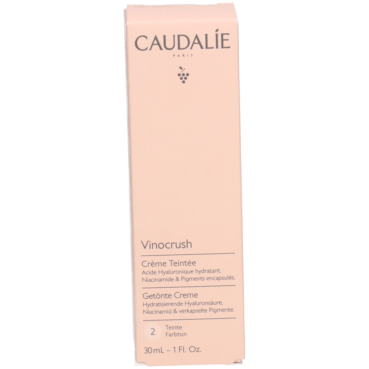 Rückseite der Caudalíe Vinocrush CC Cream Verpackung. Text in mehreren Sprachen. Beige Hintergrund.