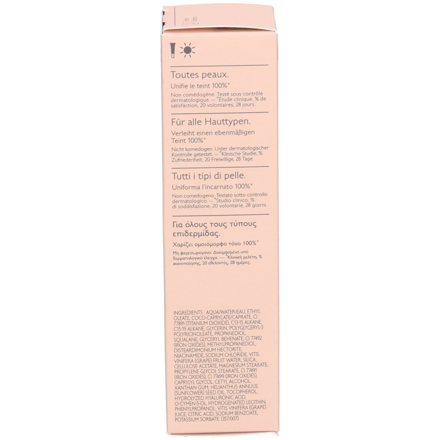 Rückseite der Caudalíe Vinocrush CC Cream Verpackung. Text in mehreren Sprachen. Beige Hintergrund.