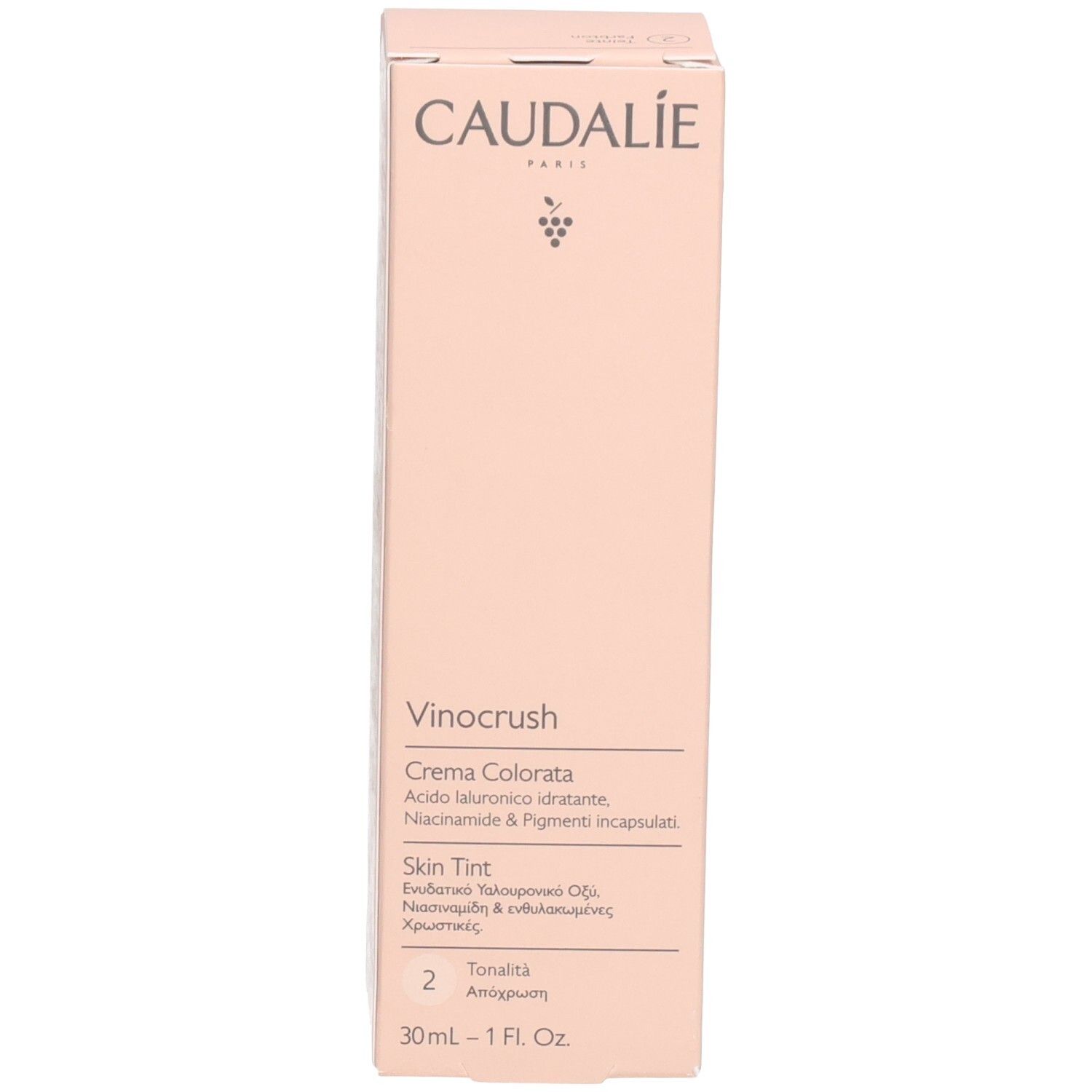 Rückseite der Caudalíe Vinocrush CC Cream Verpackung. Text in mehreren Sprachen. Beige Hintergrund.
