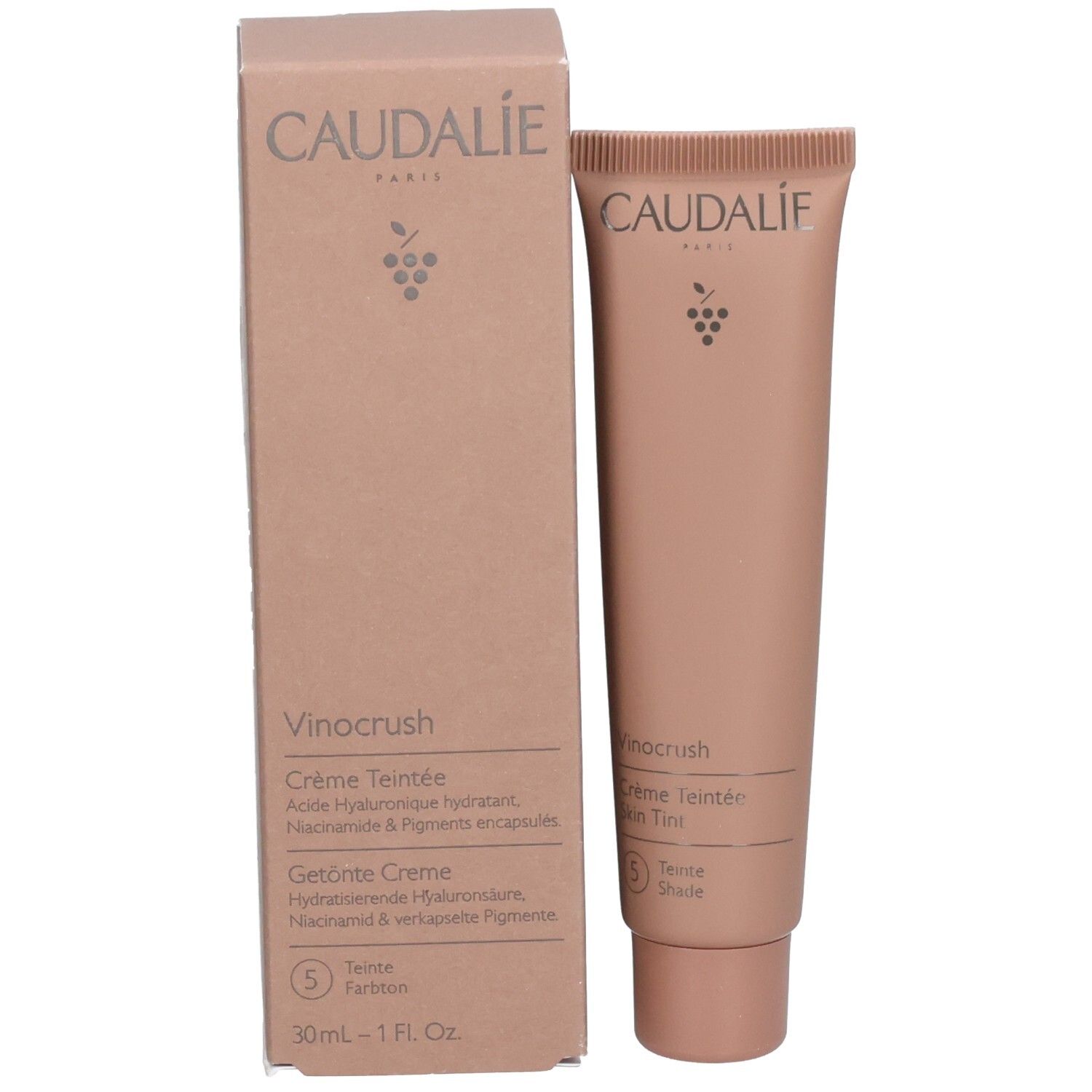 Emballage du produit avec tube. Inscription: CAUDALIE, Vinocrush, Crème Teintée, 5 Teinte, Shade.