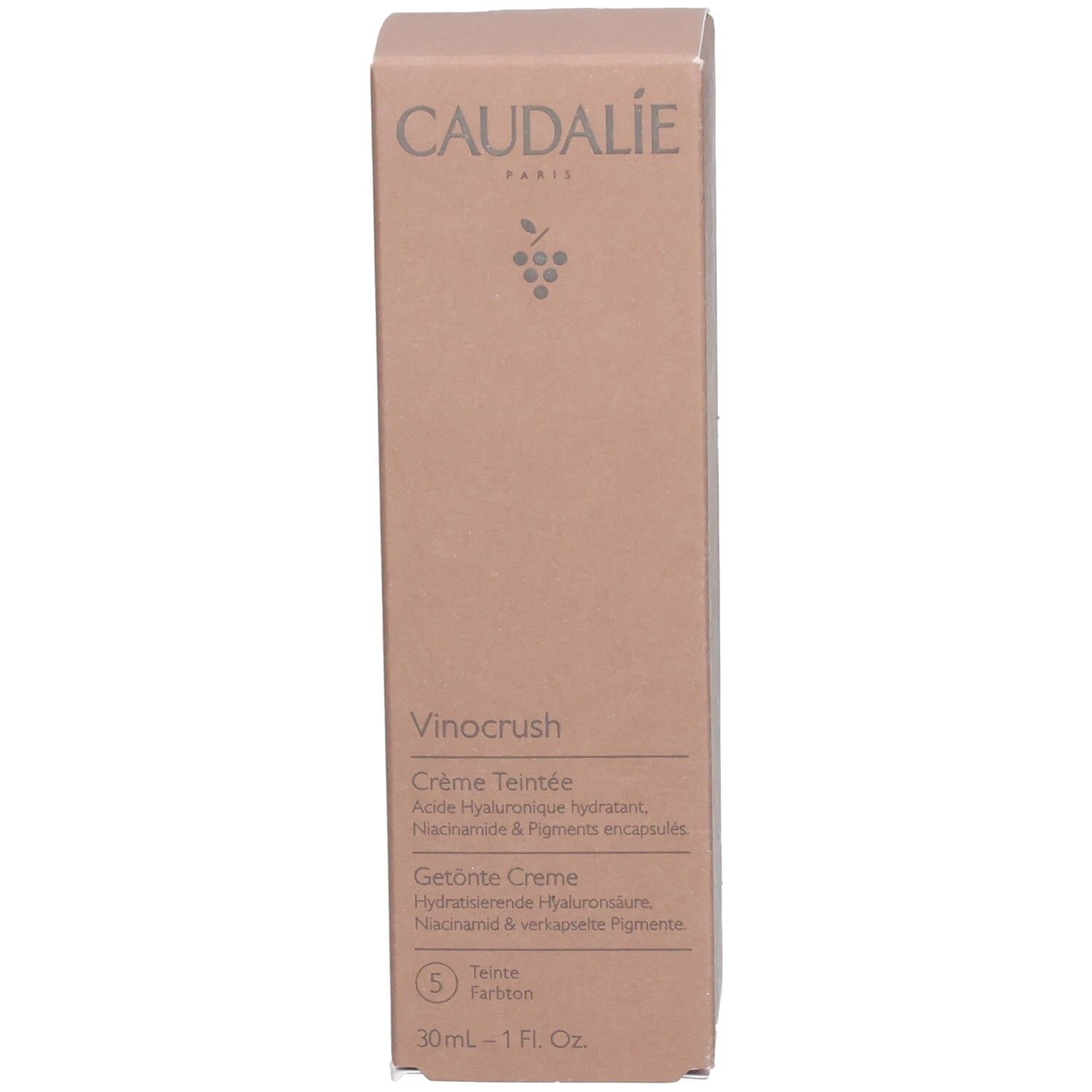 Emballage du produit. Inscription: CAUDALIE, Vinocrush, Crème Teintée, 5 Teinte, Shade, 30ml.