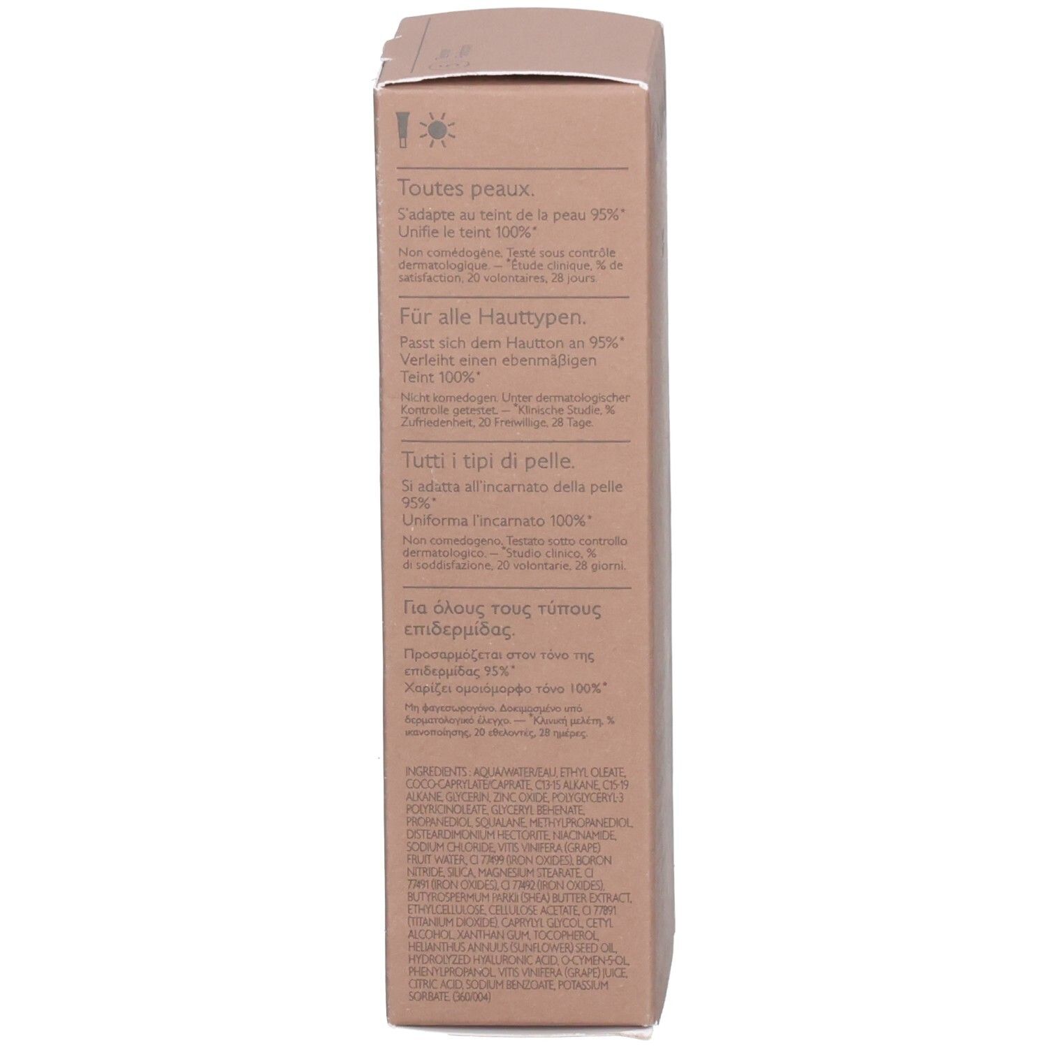 Emballage du produit. Texte: Pour tous types de peaux, 100% tolérance, 30ml, ingrédients.