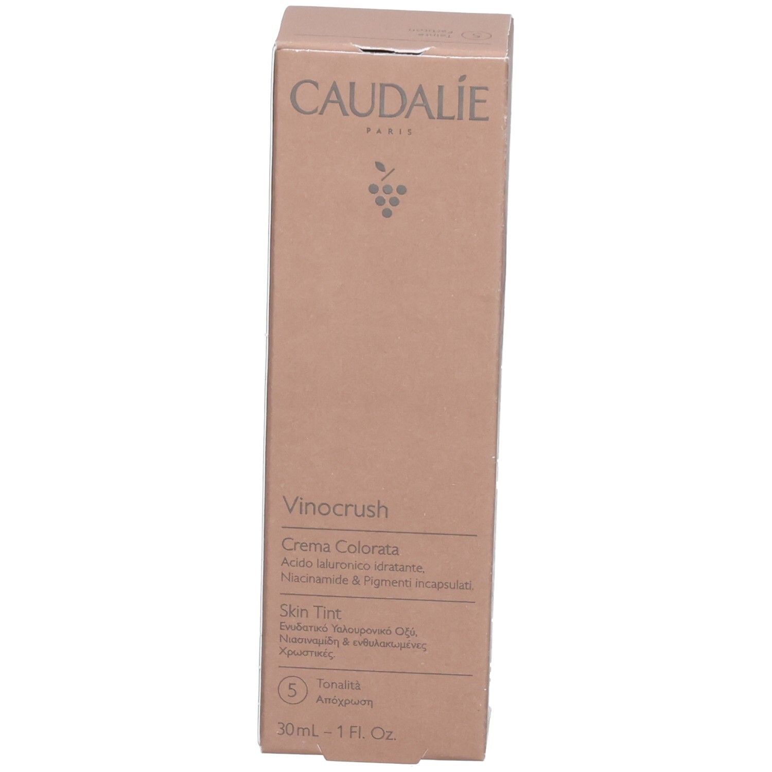 Emballage du produit. Inscription: CAUDALIE, Vinocrush, Crème Teintée, 5 Teinte, 30ml.