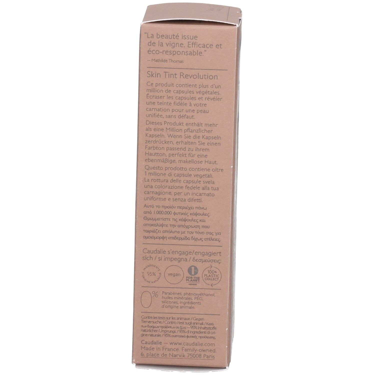 Emballage du produit. Texte: Skin Tint Revolution, 1 million de capsules, ingrédients, durabilité.