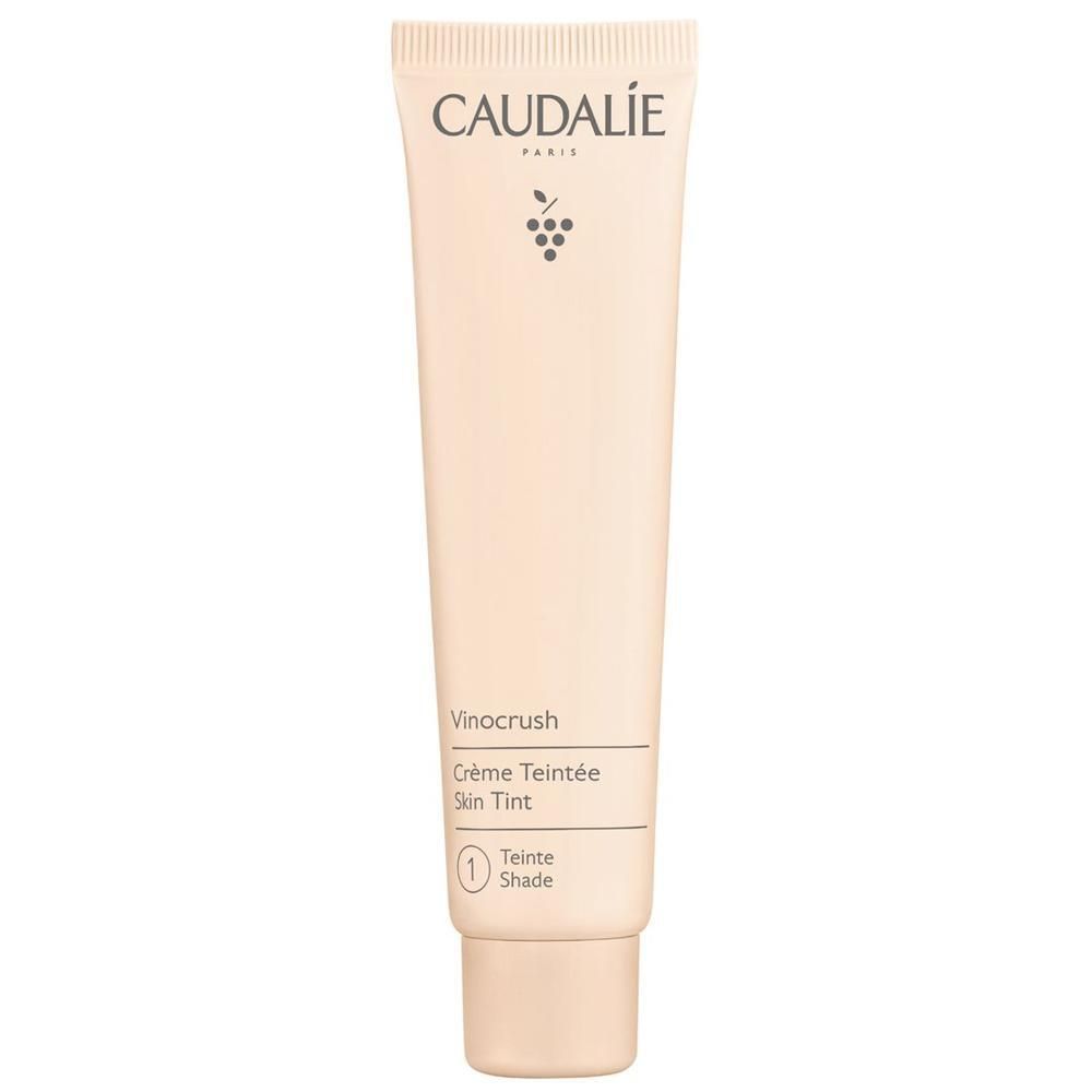 Tube beige avec inscription CAUDALIE et symbole de raisin. En dessous, Vinocrush Crème Teintée Skin Tint, teinte 1.