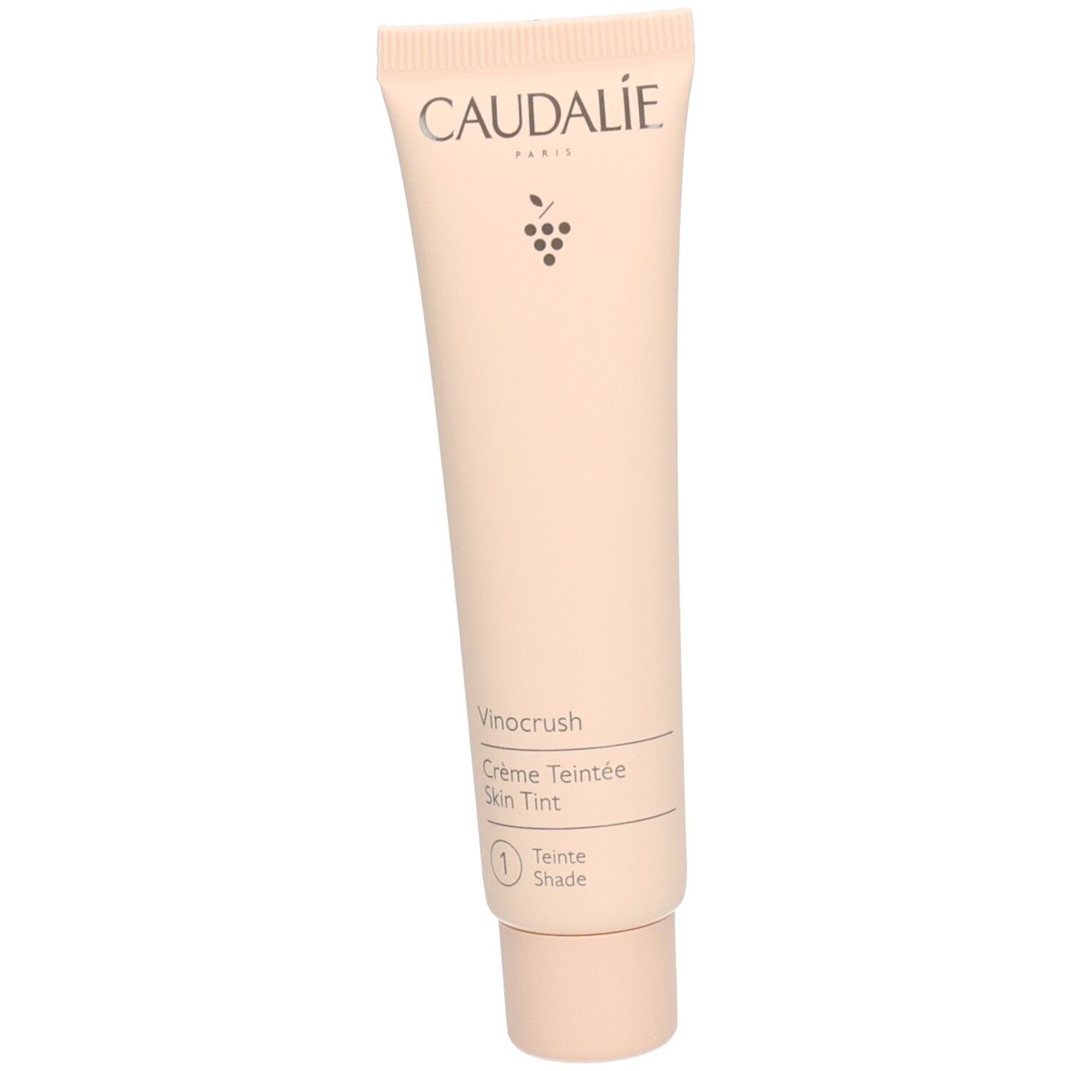 Caudalíe Vinocrush CC Creme, Farbton 1, Tube. Beige Tube mit Schraubverschluss. Marke und Produktbezeichnung.