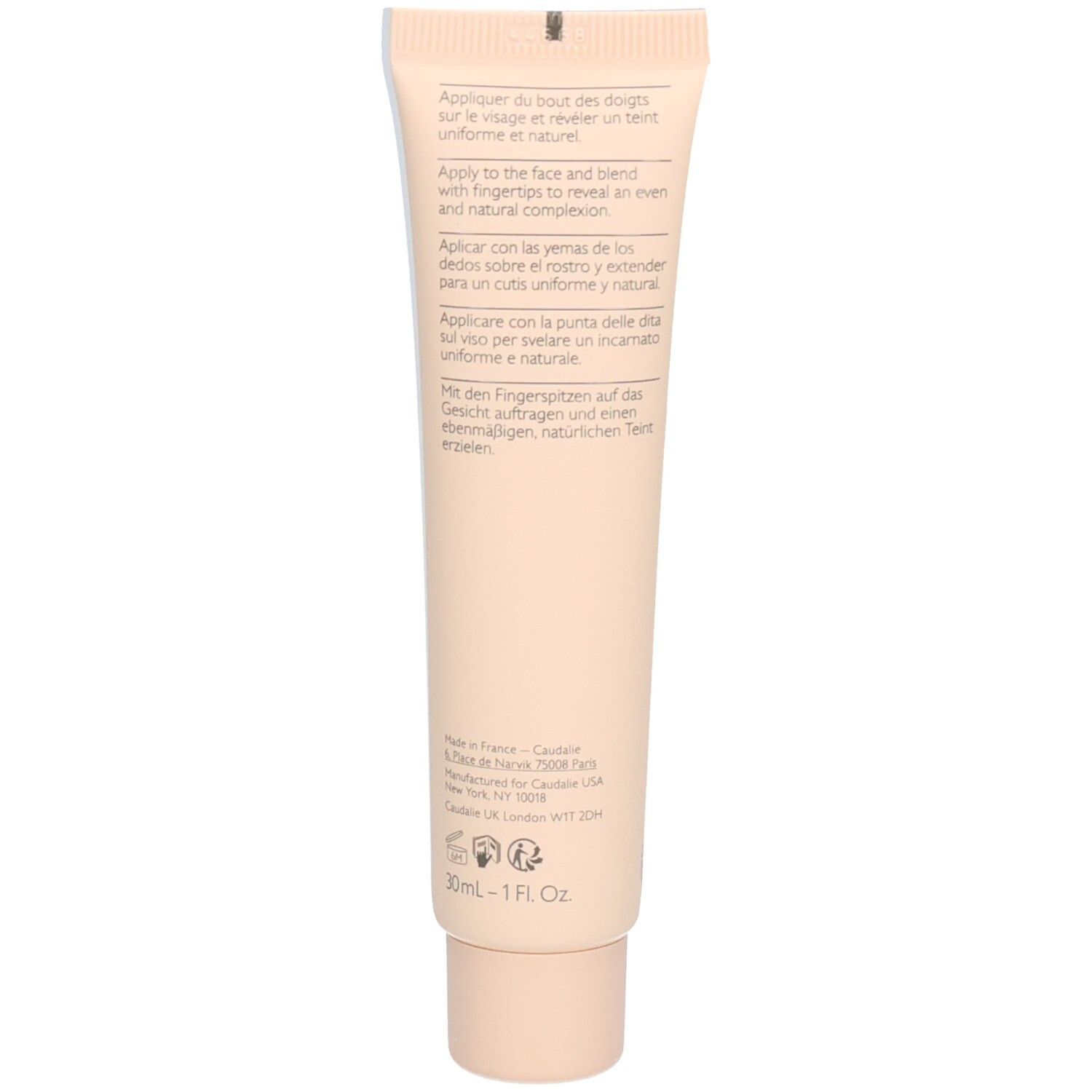 Rückseite der Caudalíe Vinocrush CC Creme Tube. Text in mehreren Sprachen. Produktinformationen und Anwendungshinweise.